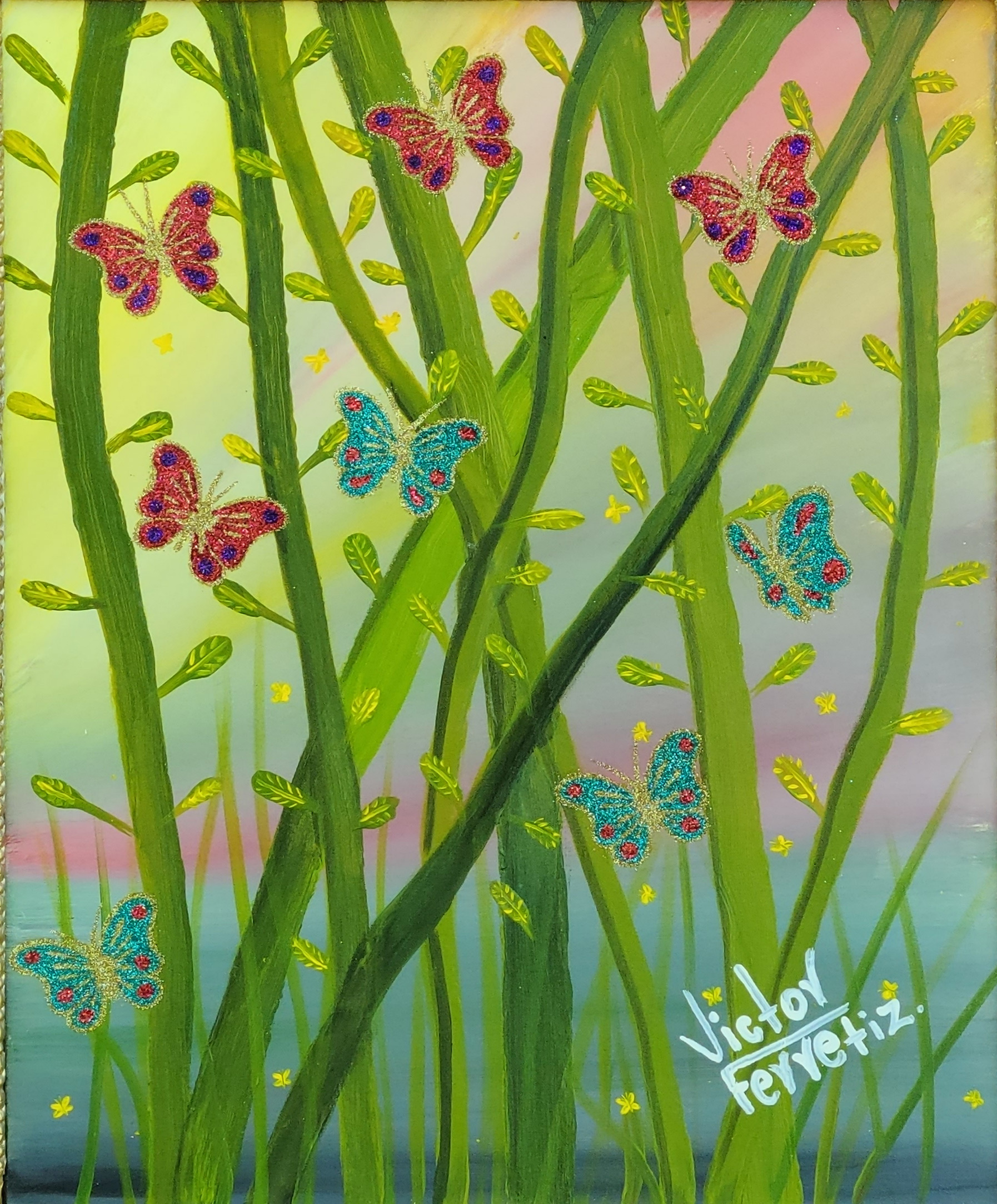 This painting comes with a hand-painted antique frame, so this might have minor scratches due to age. This original artwork depicts a group of butterflies flying behind softstem bulrush plants over a misty lake where no one can disturb them.