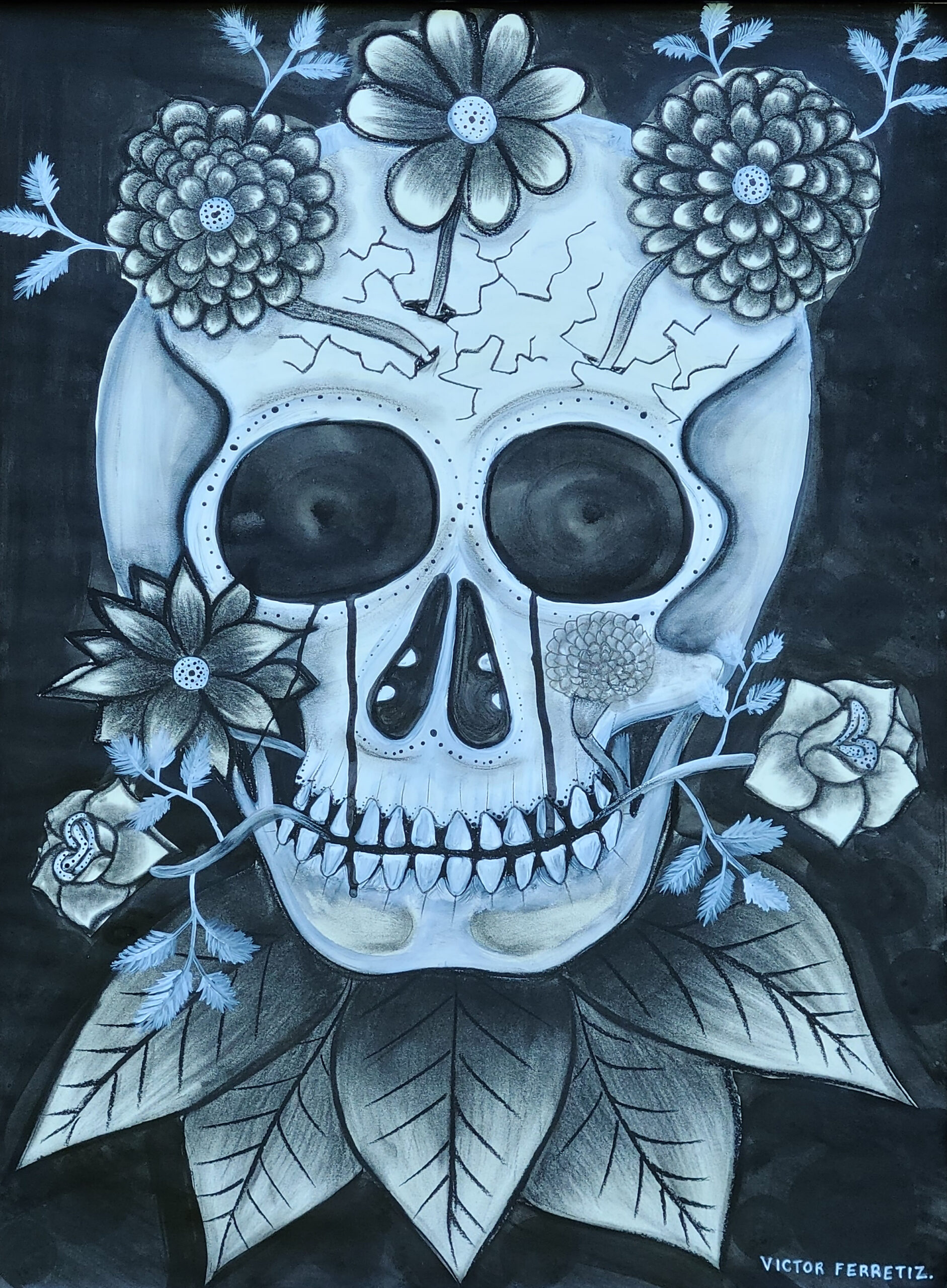 This original drawing comes with a plastic frame and toasted plastic protector instead of a glass. This skull is a representation of the flowers of Mexican culture. The essence of the flowers that are reborn from this skull shows that there is still hope in the most challenging moments of our lives. You always have to have a lot of faith and perseverance at each start of the desired dream.