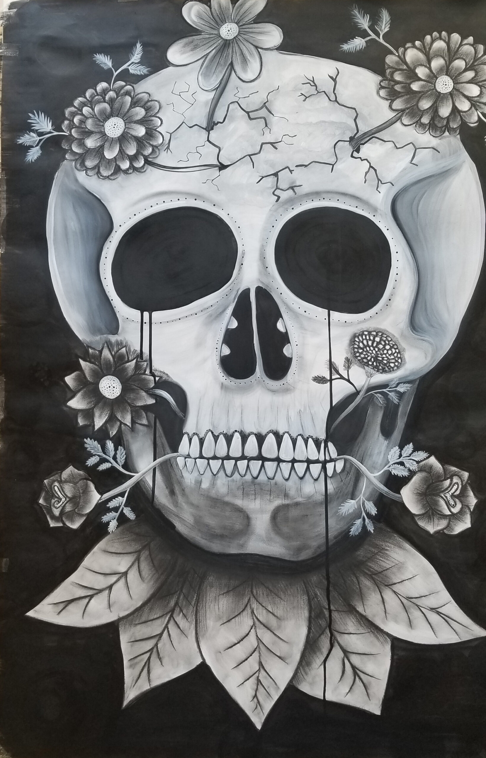 Frame included. This original drawing represents a skull drawn with charcoal and black and white Indian ink on drawing paper. I decided to frame it with a plastic frame and a plastic protector instead of glass. The skull symbolizes the day of the dead in Mexican culture. The flowers appear to be a mystical bloom of our Aztec roots. Tears represent the suffering of a nation that lacks protection and honesty in our country.