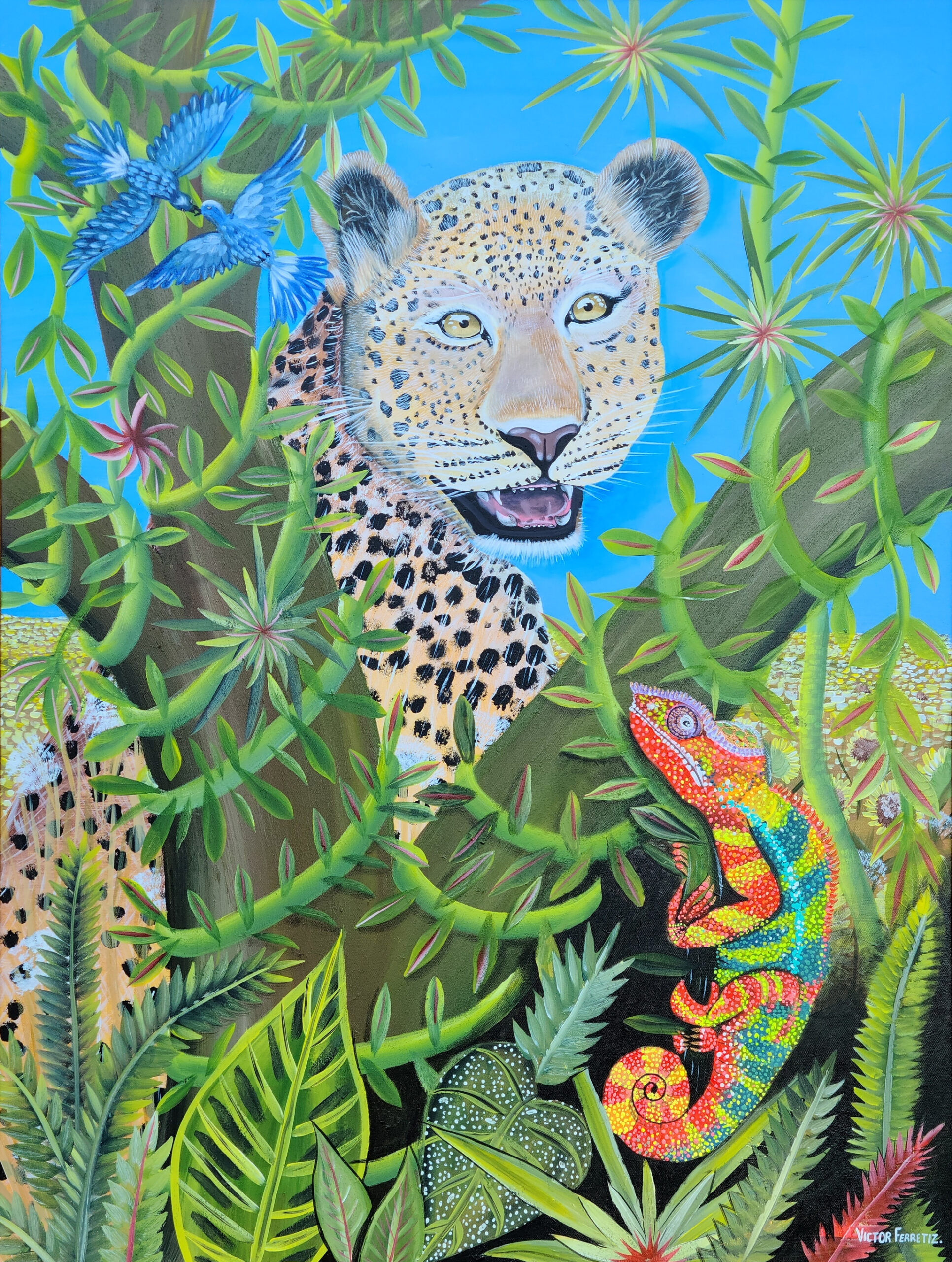 Ornate frame included. This frame might have minor scratches due to age. This original artwork depicts flora and fauna in a surreal style of plants and animals such as reptiles, mammals, and aviaries. The vibrant chameleon colors represent the irony of not hiding from the fears of life but also challenging them with all its courage. Birds represent freedom and harmony in life. The leopard represents the fear of many out there. 