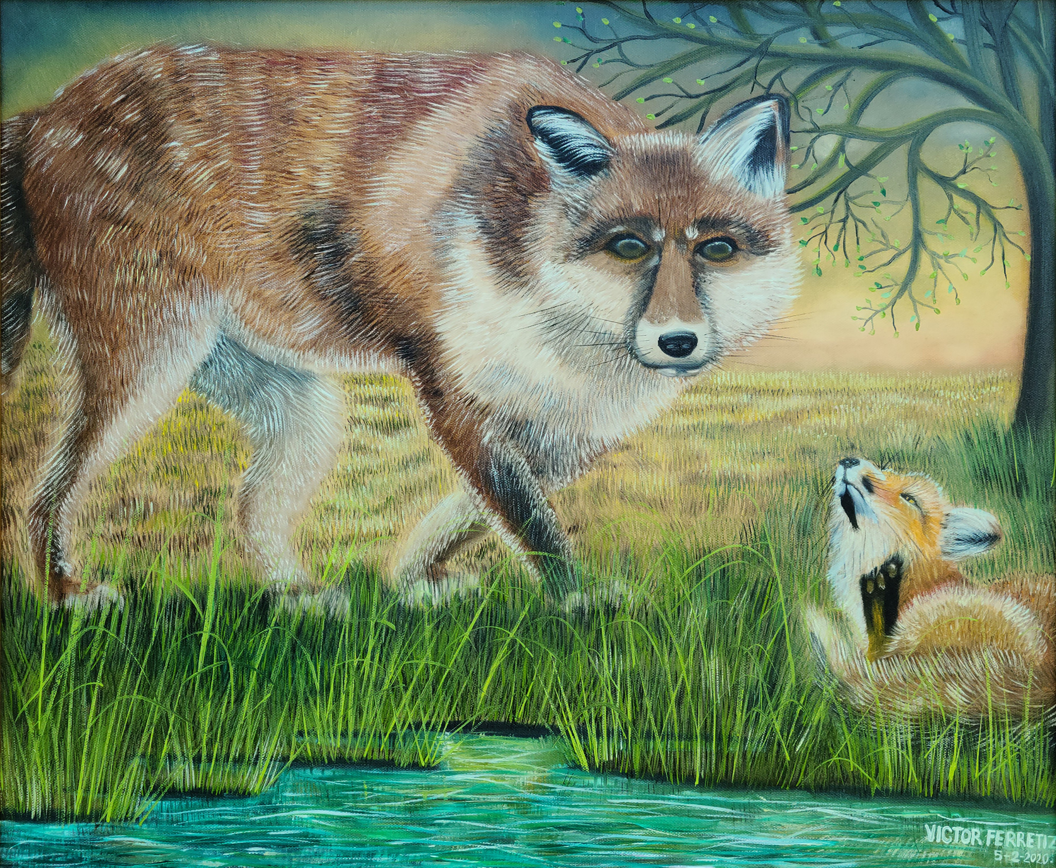 This original work of art represents the greatness of wildlife and parents' care in caring for our children. The ability to hunt prey is essential for puppies to achieve their dreams in life to survive.