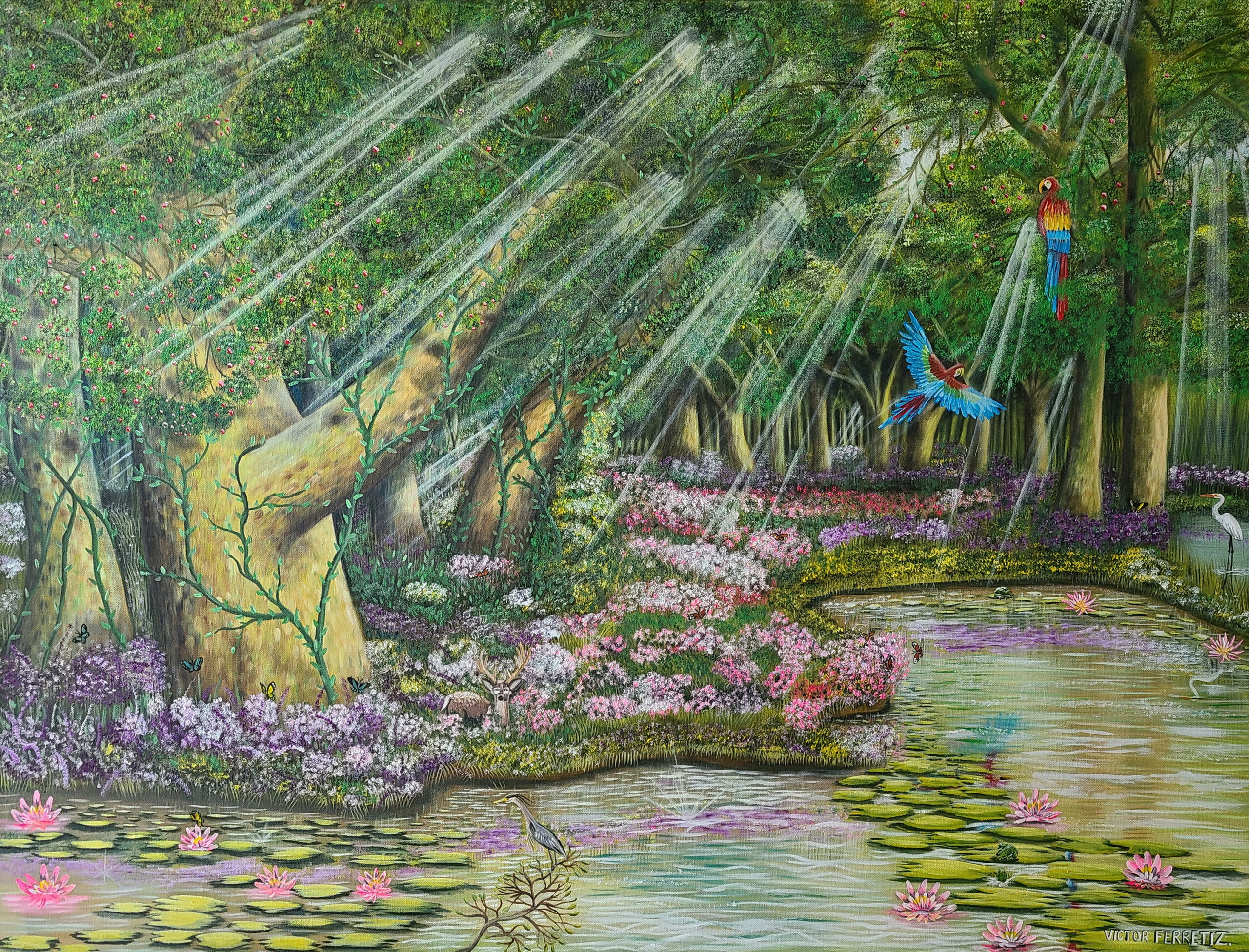 This original work of art depicts the wild beauty of flora and fauna. Large clusters of flowers surround a large pond where frogs and grasshoppers abounding. The singing of the birds and the immaculate rays of the sun passing through the beautiful fruit trees inspire everyone who observes it. Put your mind at peace and imagine a moment in your life when you needed a place to meditate and accommodate your thoughts.
