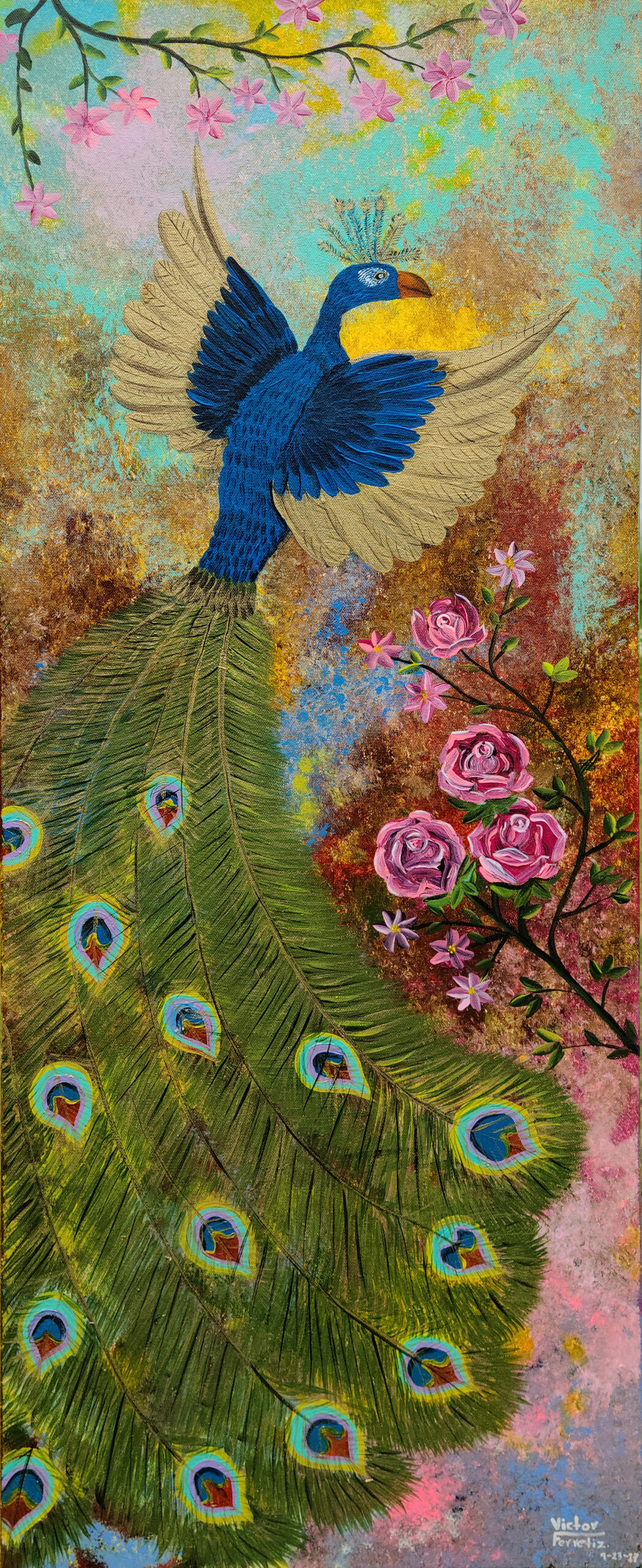 This original work of art shows the surreal image of a peacock flying between rose bushes while the colors of life abound around it. It symbolizes beauty and diversity; the world is made up of many infinite colors that are impossible to calculate.