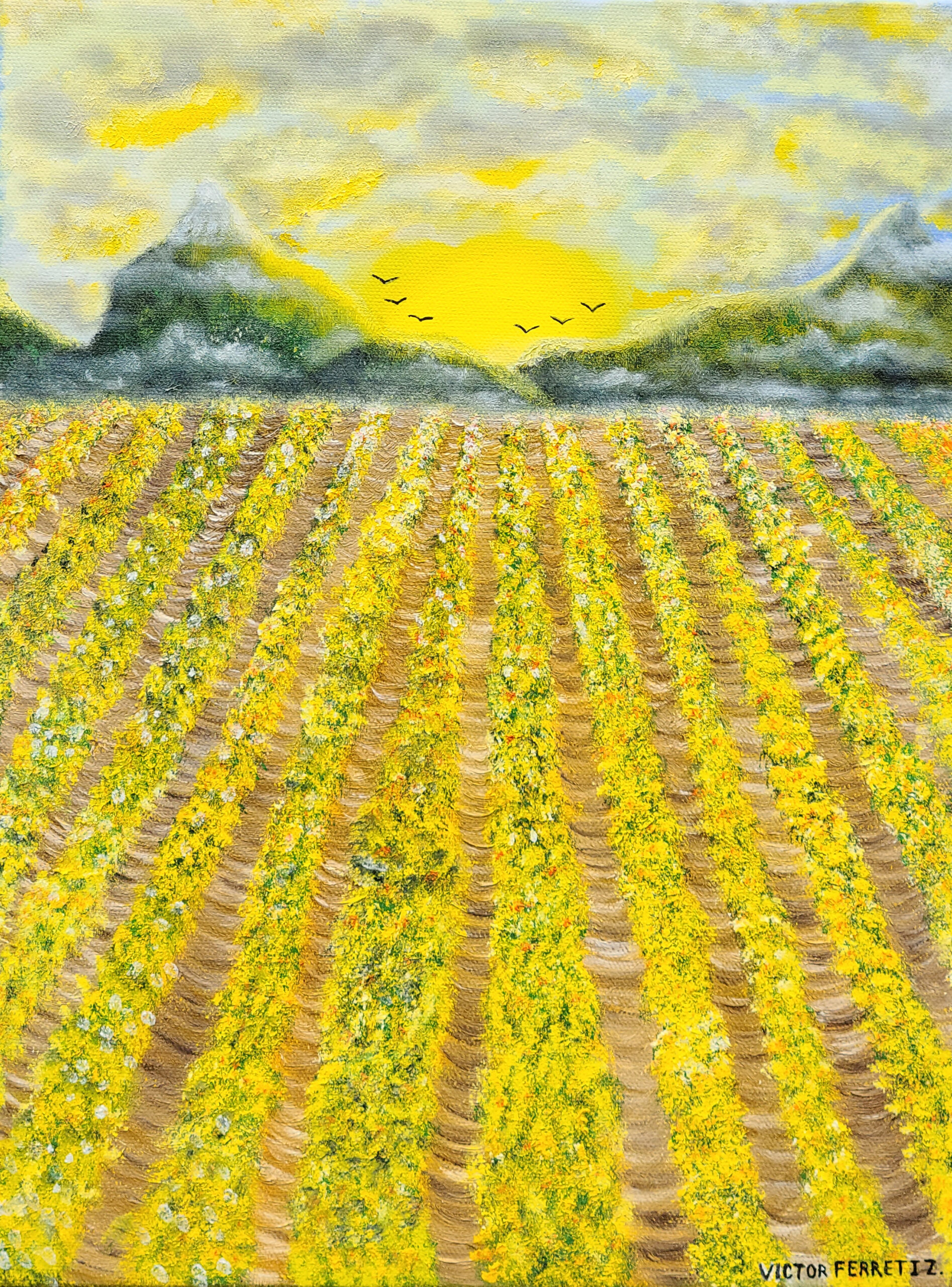 This original work represents our vision of beyond our future, our expectations of how we want to see ourselves in a few years. The radiance of the sun is a sign that the best is yet to come. The grooves of yellow flowers signify happiness and the great harvest we are getting from all our effort. The mountains are the barriers that we must jump in order to get to what we want to be.