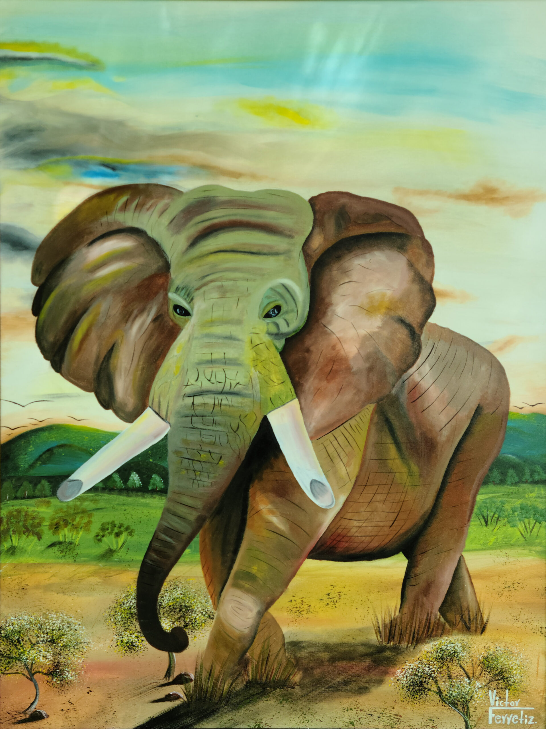This original painting comes with a hand-decorated antique frame with gold leaf. This frame might have minor scratches due to age. This original work represents the courage of people facing difficult situations in life. Elephants have a predominant meaning throughout the animal kingdom, and their humility is also very remarkable and of a great character of self-defense.