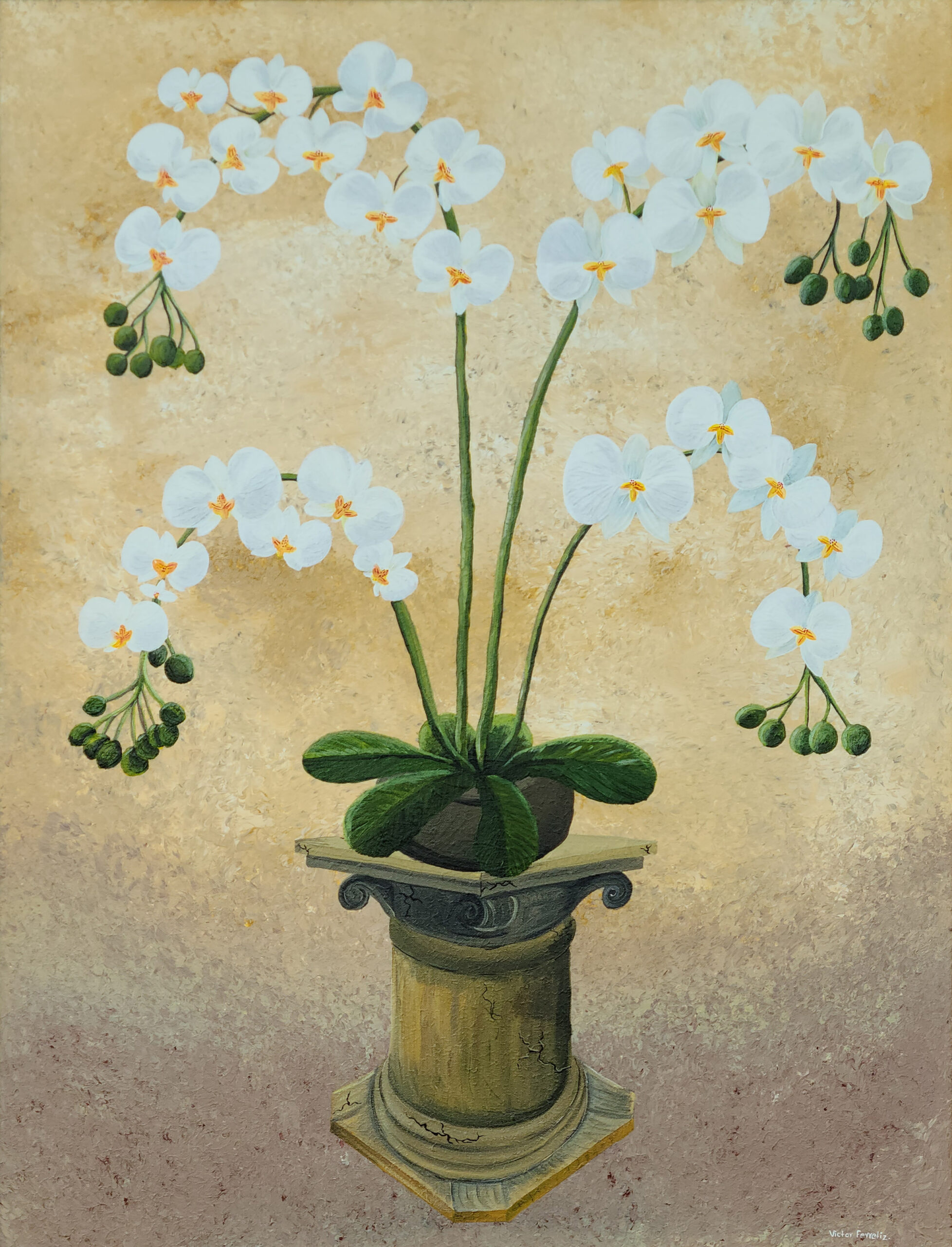 This painting comes with an antique frame, so this might have minor scratches due to age. This original work of art represents orchids sitting on a Greek column. According to its almost symmetrical composition, it symbolizes peace, good love life, and emotional stability in the human being, which creates a balance on both sides of the work of art.