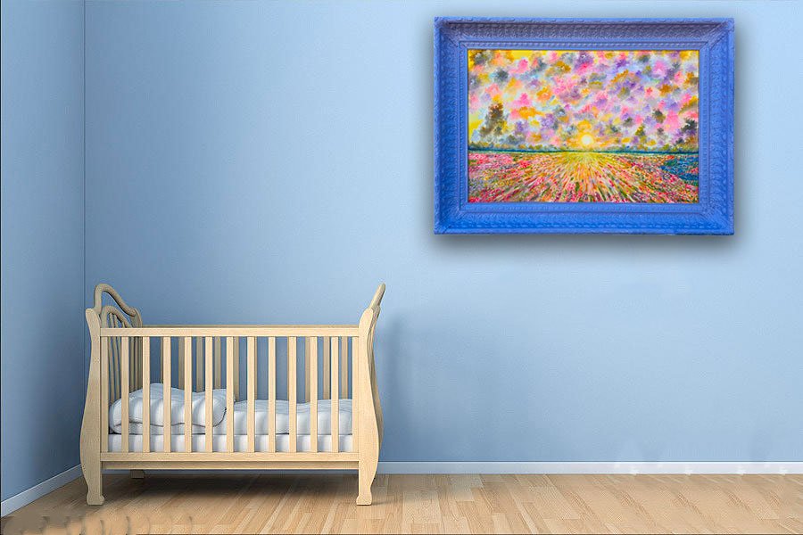 This painting comes with an elegant antique frame, so this might have minor scratches due to age. This original work of art of these colorful clouds was painted in an impressionist style where you can see a field full of flowers, a small lake, and a bright sunrise. This work is more to meditate and think quietly in our home. Claude Monet was one of the most eminent impressionist artists who inspired me to paint this work of art, as he used pastel tones in his palette. I think this style has encompassed more of my audience than those who love impressionism.
