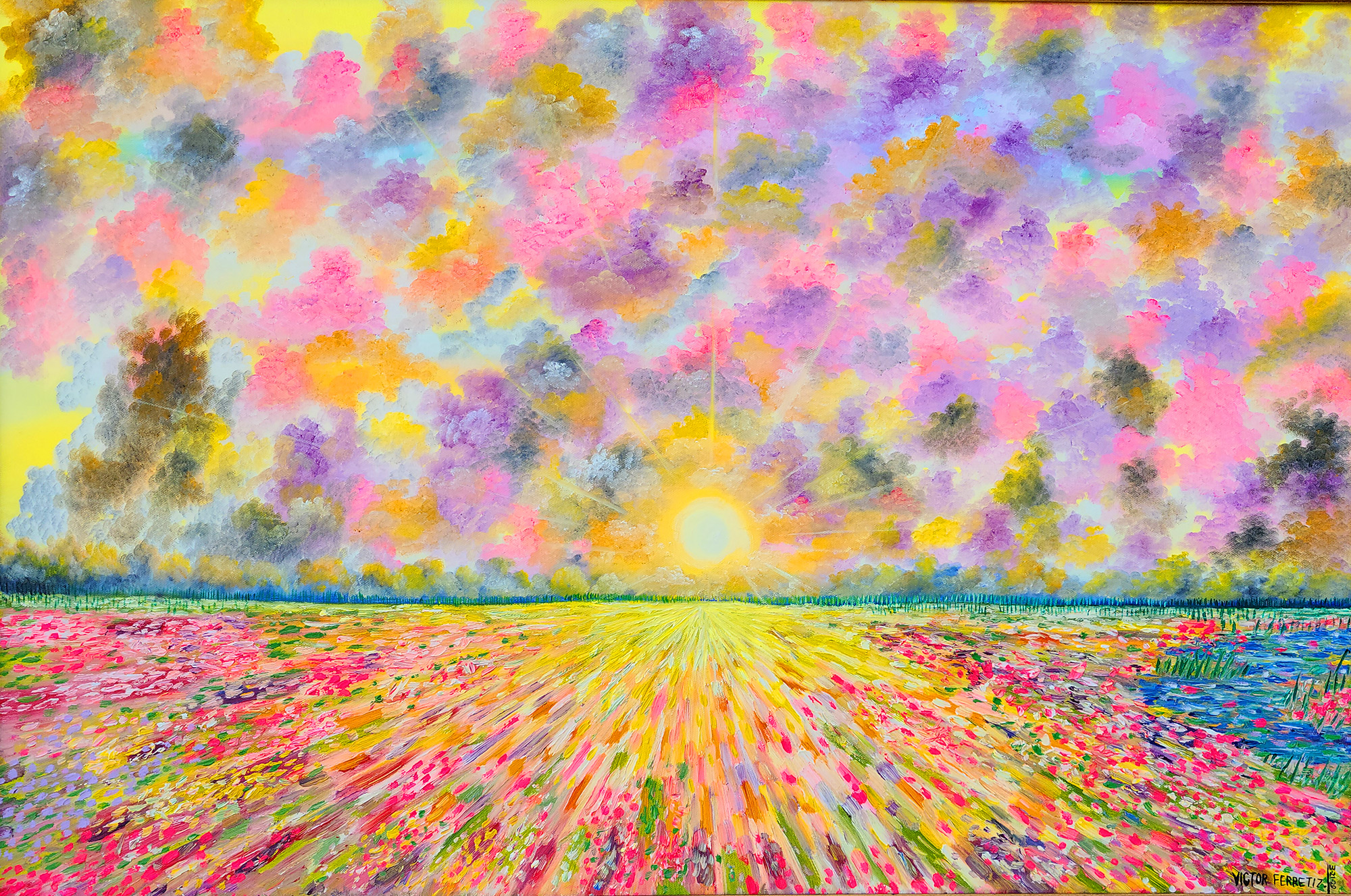 This painting comes with an elegant antique frame, so this might have minor scratches due to age. This original work of art of these colorful clouds was painted in an impressionist style where you can see a field full of flowers, a small lake, and a bright sunrise. This work is more to meditate and think quietly in our home. Claude Monet was one of the most eminent impressionist artists who inspired me to paint this work of art, as he used pastel tones in his palette. I think this style has encompassed more of my audience than those who love impressionism.