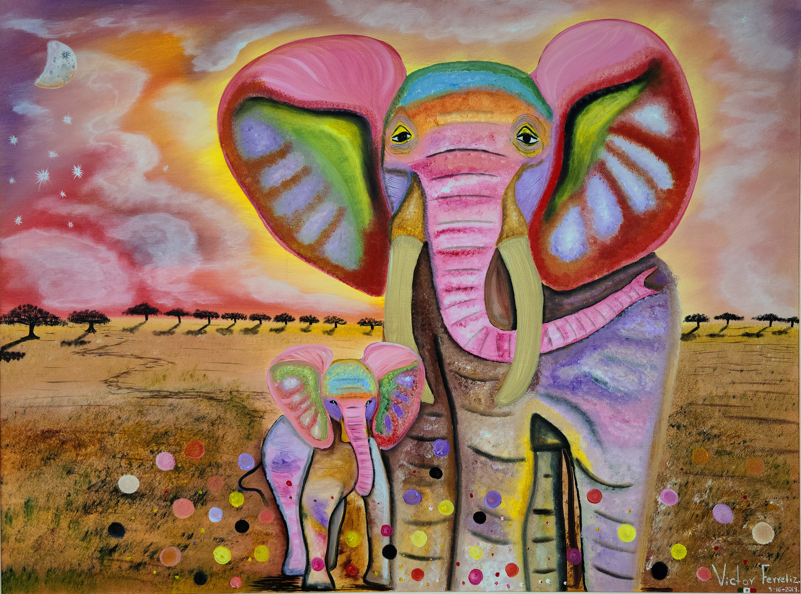 White frame included. This original work shows two elephants, the mother, and her baby elephant. She has been portrayed in a protective way where no one can try to touch her baby. The colors bring a good vibe of love, peace, and tranquility. The harmonious and cheerful colors fill a loving and magical place with charm.