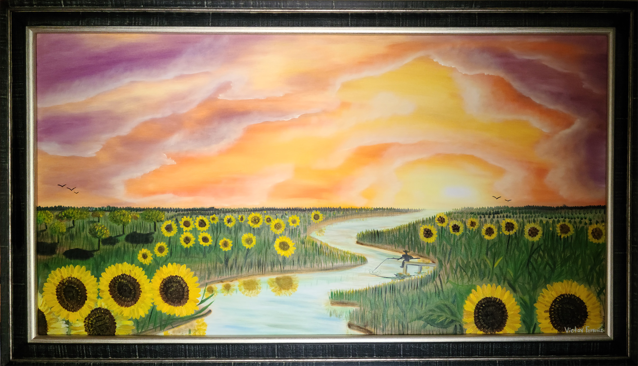 This original painting depicts a landscape of sunflowers and a man fishing on the river during a beautiful sunset.