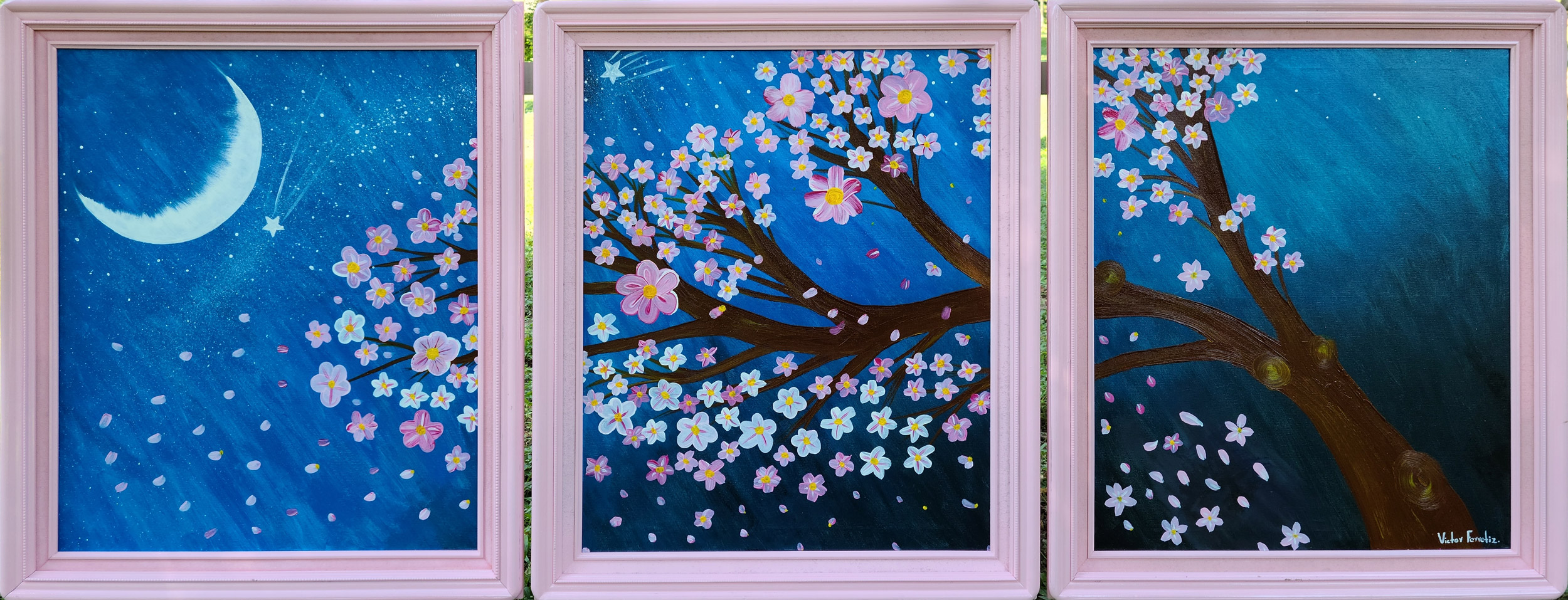 Composition of three pieces painting of a cherry blossom tree. Hand-painted wood frames. This art composition represents a cherry tree ideal for a bedroom or living room in your home. This tree has a lot of positive and harmonious energy that captivates the eyes of those who observe it. This work represents the windows of our homes while we contemplate the magical sky and trees during the peaceful night. This scene is how I imagine and see my nights while looking through my window.