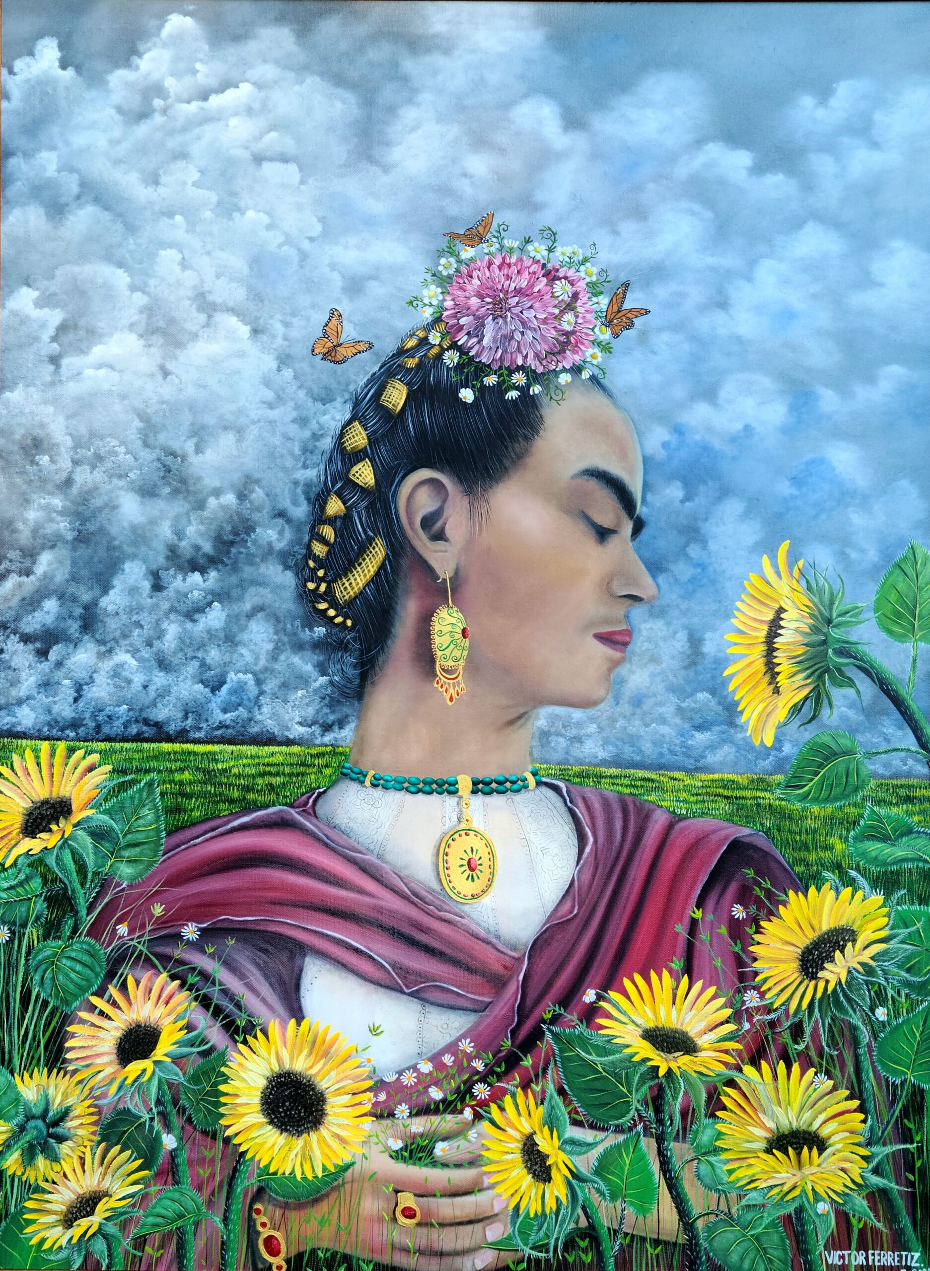 Ornate frame included / Marco ornamentado incluido. Esta obra fue inspirada en la eminente y famosa artista mexicana Frida Kahlo por sus bellos adornos florales en su cabeza y el uso de joyerias finas y unicas que en aquellos tiempos eran muy usados los cuales daban distinccion y garbo a las mujeres. Para mi esta obra significa el dolor disfrazado en belleza y elegancia, pero las flores son capaces de sentir nuestros dolores y penas. Por eso decidi titular esta obra de arte como "La Contemplacion del dolor de Frida" donde ella se encuentra inclinada mirando un girasol tristemente hacia abajo sobre su hombro izquierdo. Las caras y el lenguaje floral de los girasoles reflejan tristeza que se conecta con el dolor de Frida y sus penas. Al mismo tiempo esta obra mantiene a Frida de pie porque ella fue una mujer fuerte que siempre estuvo dispuesta a continuar luchando por su felicidad y por el amor a la pintura. Por eso me identifico con ella en ese aspecto de que yo siempre seguire pintando mientras dios me de vida y pasion para levantar un pincel con pintura y plasmar lo que siento como artista liberal que soy tal como las mariposas monarcas.Translation: This work was inspired by the eminent and famous Mexican artist Frida Kahlo for her beautiful floral ornaments on her head and the use of elegant and unique jewelry widely used, giving distinction and grace to women. For me, this work means pain disguised in beauty and elegance, but flowers can feel our pain and sorrow. That is why I decided to title this work of art "The Contemplation of Frida's Pain," where she is leaning sadly, looking down at a sunflower over her left shoulder. The faces and the flowery language of the sunflowers reflect sadness connected to Frida's pain and sorrow. At the same time, this work keeps Frida standing because she was a strong woman who was always willing to continue fighting for her happiness and love of painting. That is why I identify with her in that aspect that I will always continue painting while God gives me life and passion for picking up a brush with paint and capturing what I feel like a liberal artist, just like the monarch butterflies.
