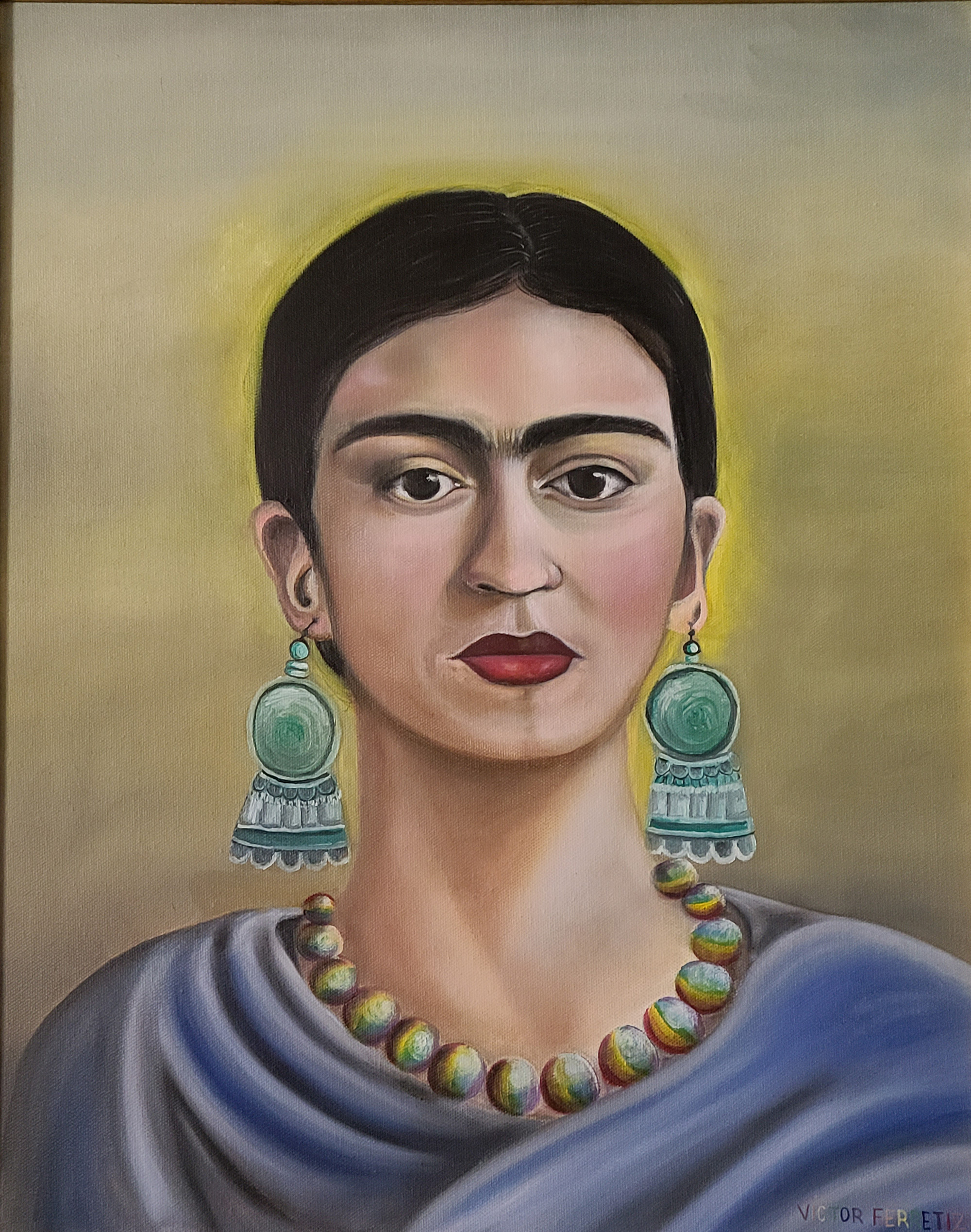 This painting has an antique frame. This original artwork shows the open-minded personality of Mexican artist Frida Kahlo in the 1930s. Her father was very proud of her to see her dress her way regardless of the ignorant opinions of other people. The colorful necklace symbolizes the colors of the flag of the LGBTQ community. Kahlo was a very liberal woman and fighter for the rights of freedom of expression.