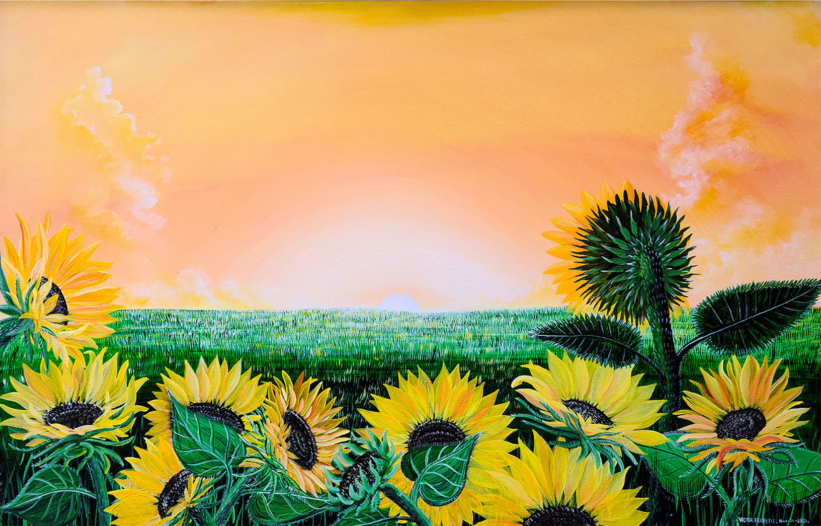 Ornate frame included. This painting comes with an antique frame, so this might have minor scratches due to age. This beautiful original artwork depicts the beauty of sunflowers and their mystical path with the sun. I wanted to represent the older sunflower looking at the sun, which means there is always a light at the end of the tunnel of darkness, a hope of life and success in our lives, whether they are projects or dreams to achieve.