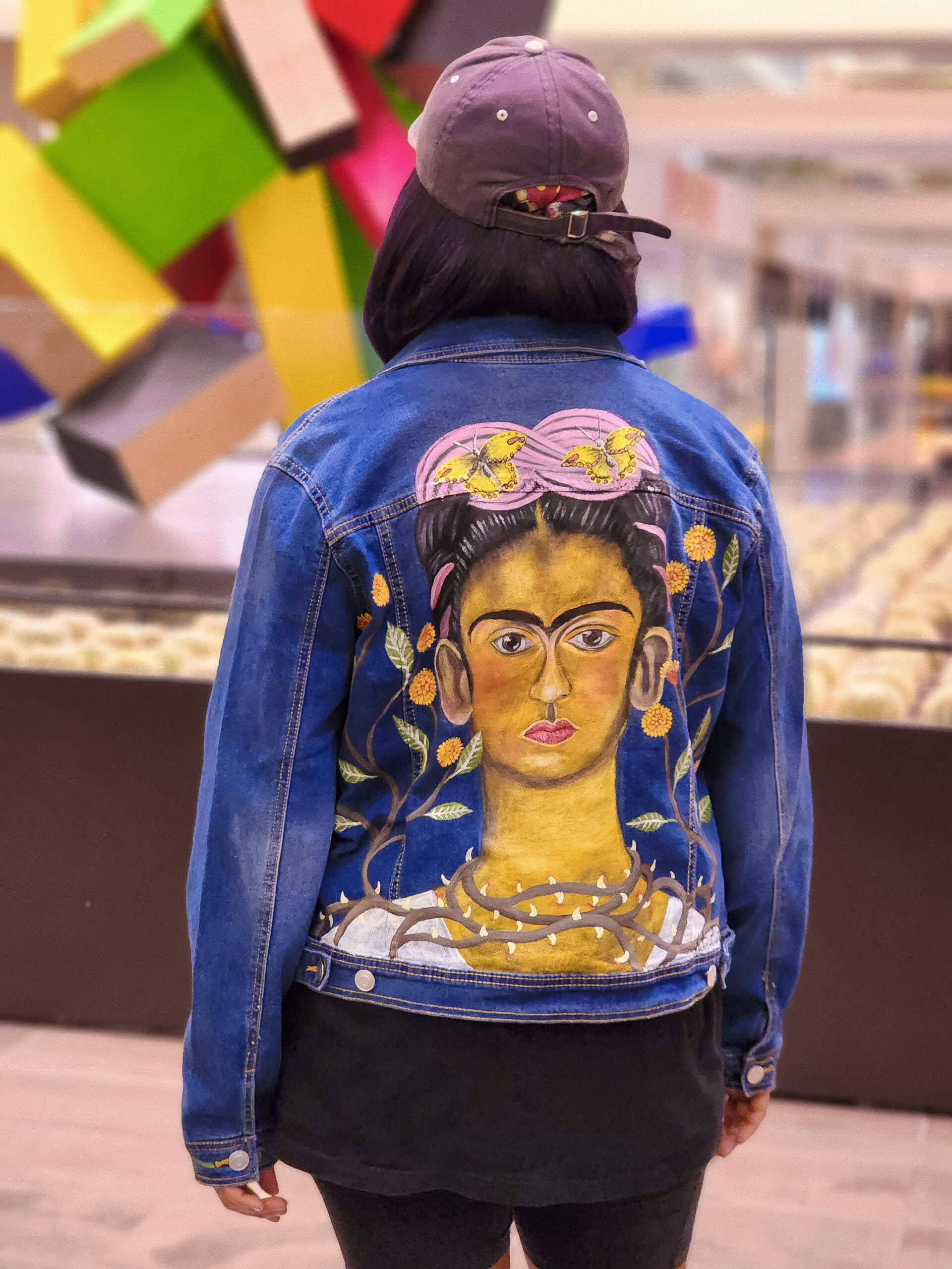 This garment is a one-of-a-kind hand-painted denim jacket with acrylic textile paint. This beautiful jacket has been heat-pressed so the jacket is machine washable.