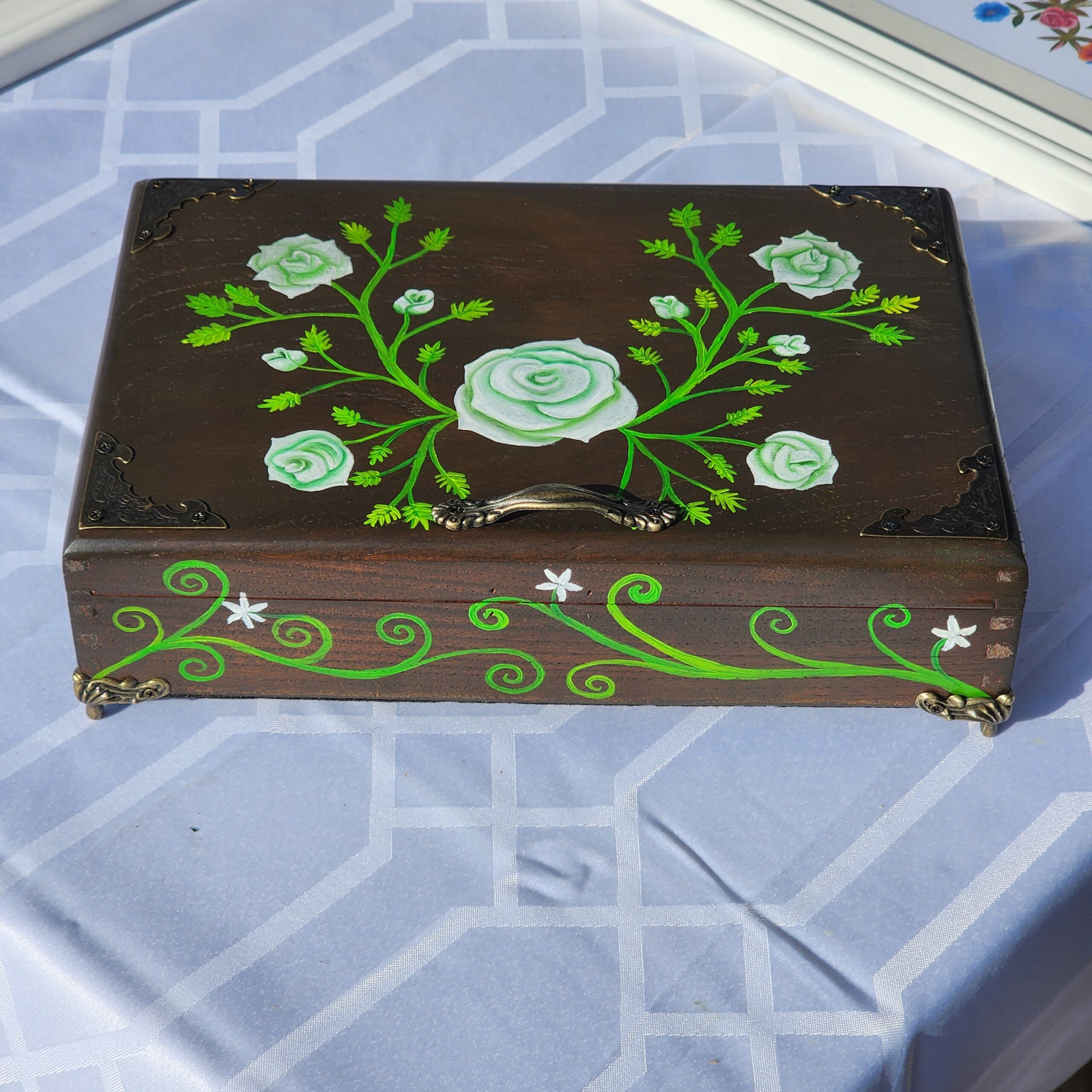 Beautiful handpainted antique wooden trinket box. This cute trinket box is an ideal gift for a special loved one. You can store jewelry such as rings, necklaces, bracelets, or anything you would like to keep in a particular place, especially in this elegant and artistic trinket box.