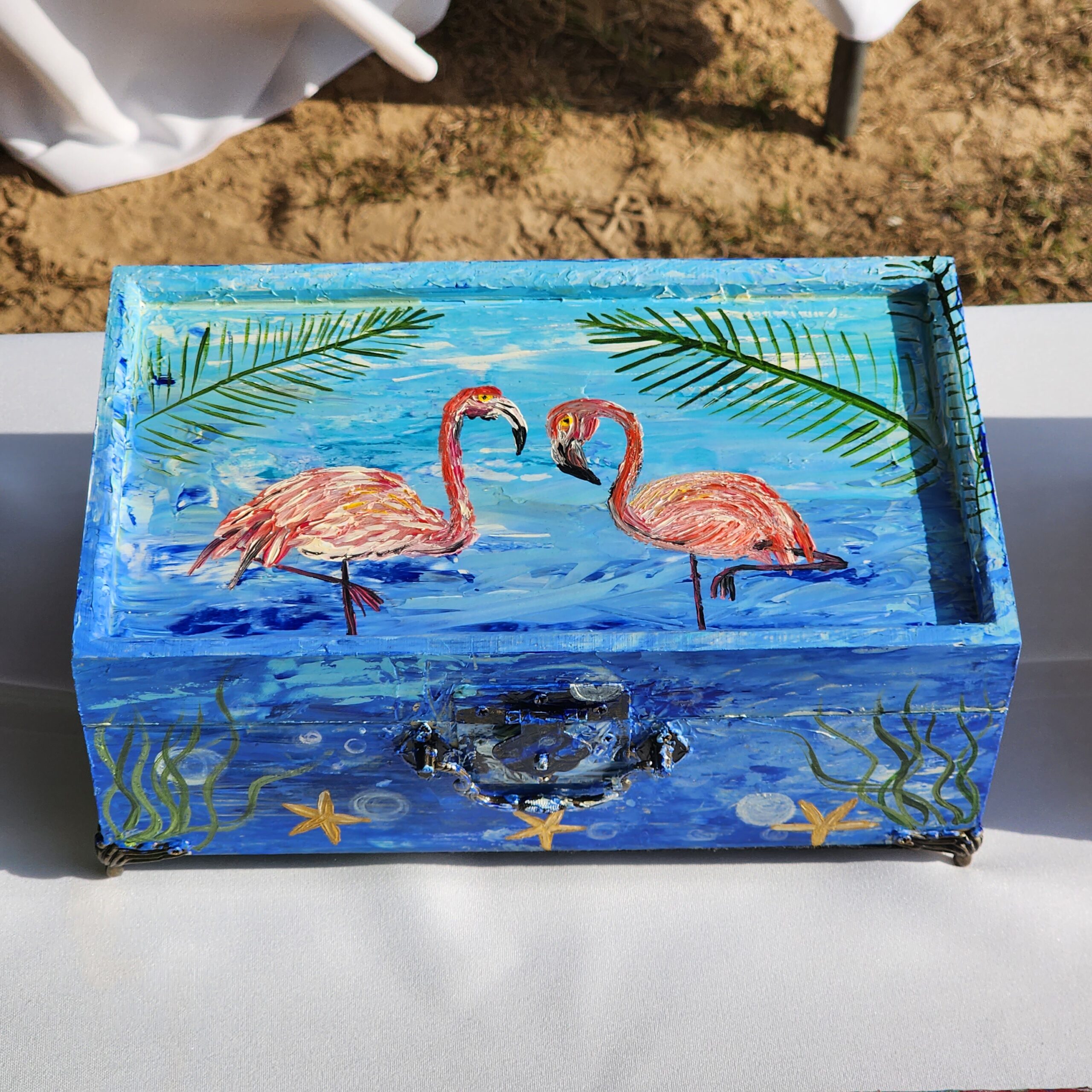 Beautiful handpainted wooden trinket box with a mirror. This cute trinket box is an ideal gift for a special loved one. You can store jewelry such as rings, necklaces, bracelets, or anything you would like to keep in a particular place, especially in this elegant and artistic trinket box.