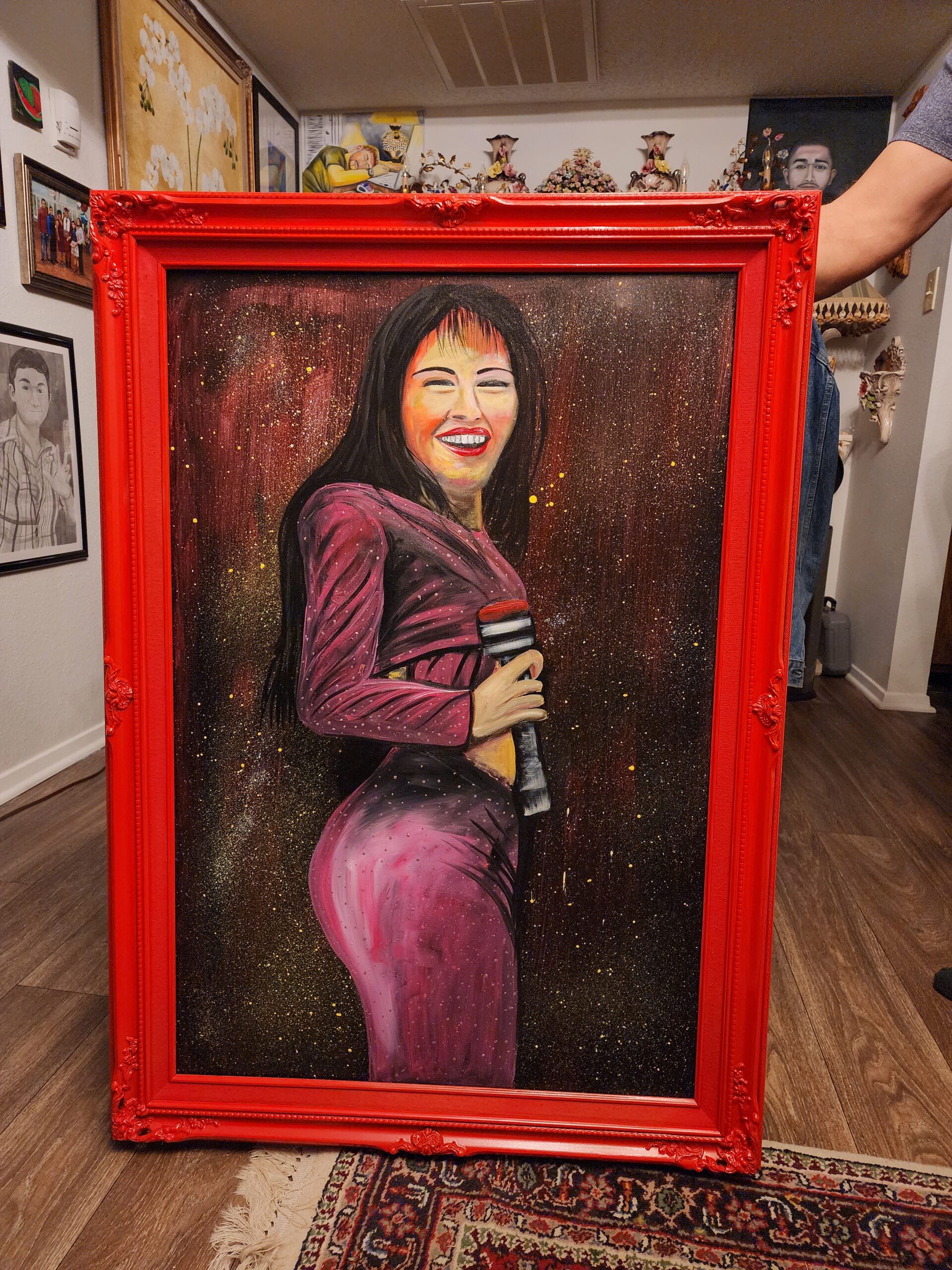 Original acrylic painting making rendition to the most eminent and famous Tejano singer Selena Quintanilla. Inspired in her last live concert recorded on February 26, 1995, at the Houston Astrodome.