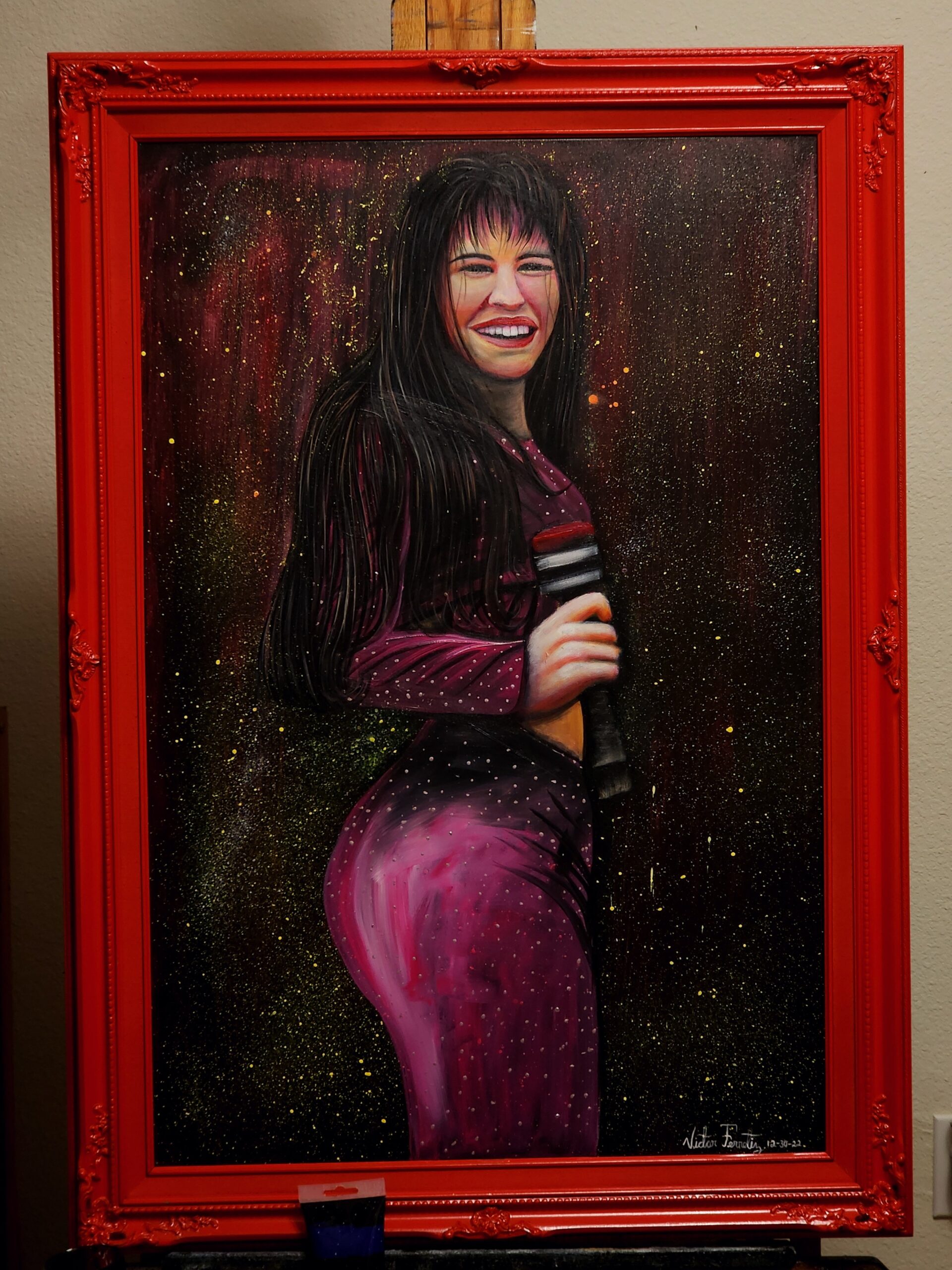 Original acrylic painting making rendition to the most eminent and famous Tejano singer Selena Quintanilla. Inspired in her last live concert recorded on February 26, 1995, at the Houston Astrodome.