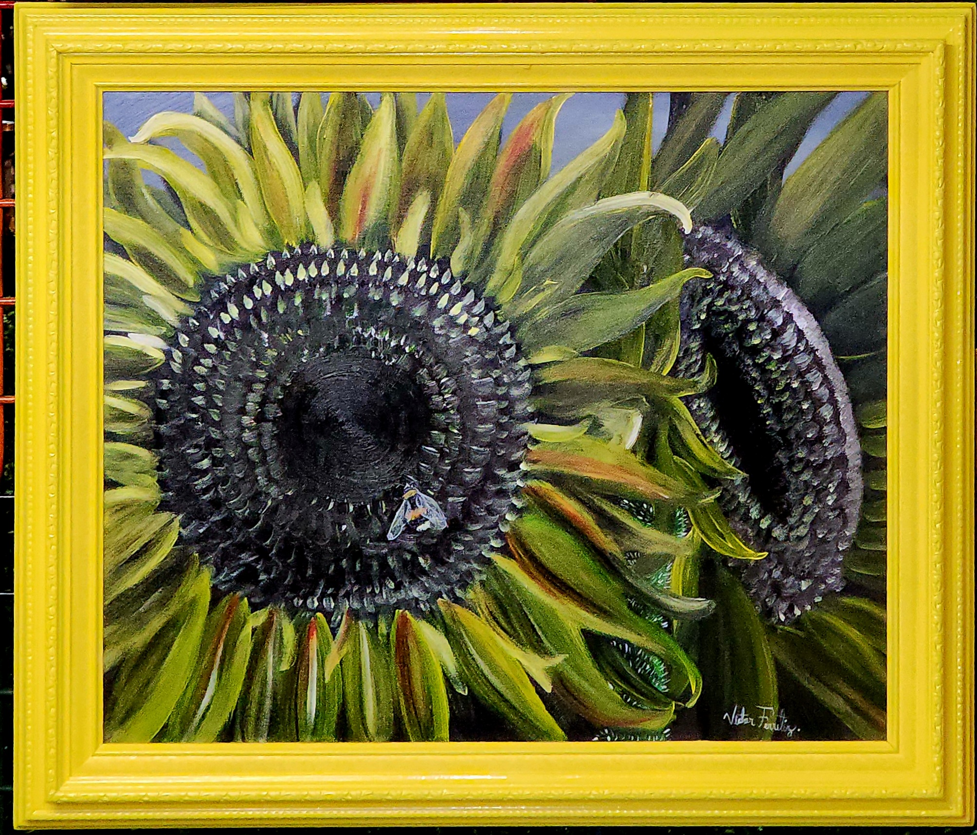 This is a depiction of abstract sunflowers on acrylic paint on canvas. The painting is already framed and ready to hang on your beautiful and warming home.