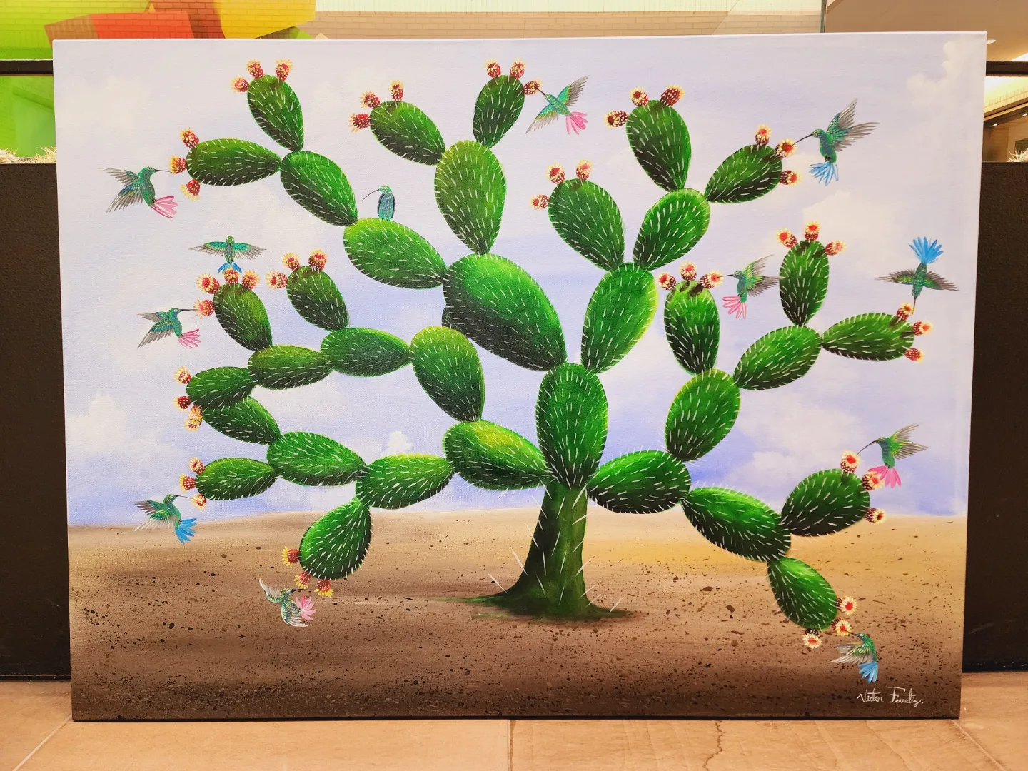 As spring is coming, it has given me great inspiration to paint these beautiful hummingbirds flying over a beautiful cactus with prickly pears.