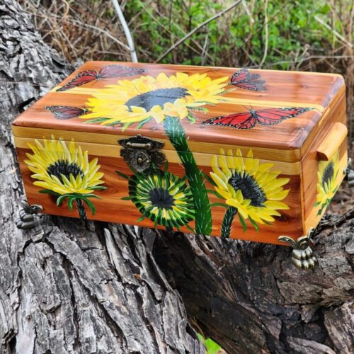 Sunflowers & Monarch Butterflies | Antique Cedar Wood Jewelry Box