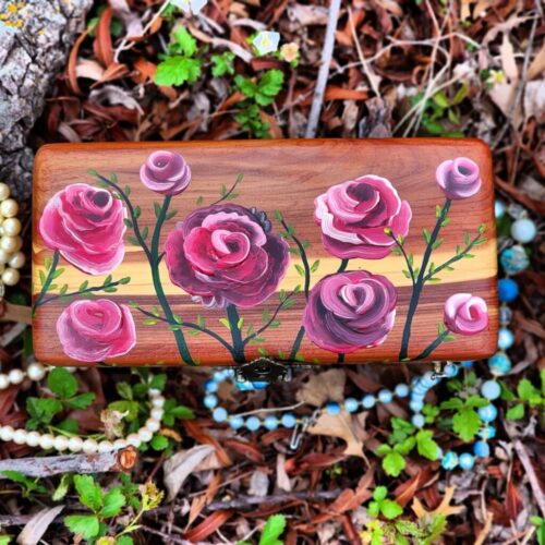 Fuchsia Pink Roses | Cedar Wood Jewelry Box
