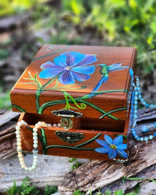 Blue Poppy & Long-tailed Sylph | Wooden Jewelry Box
