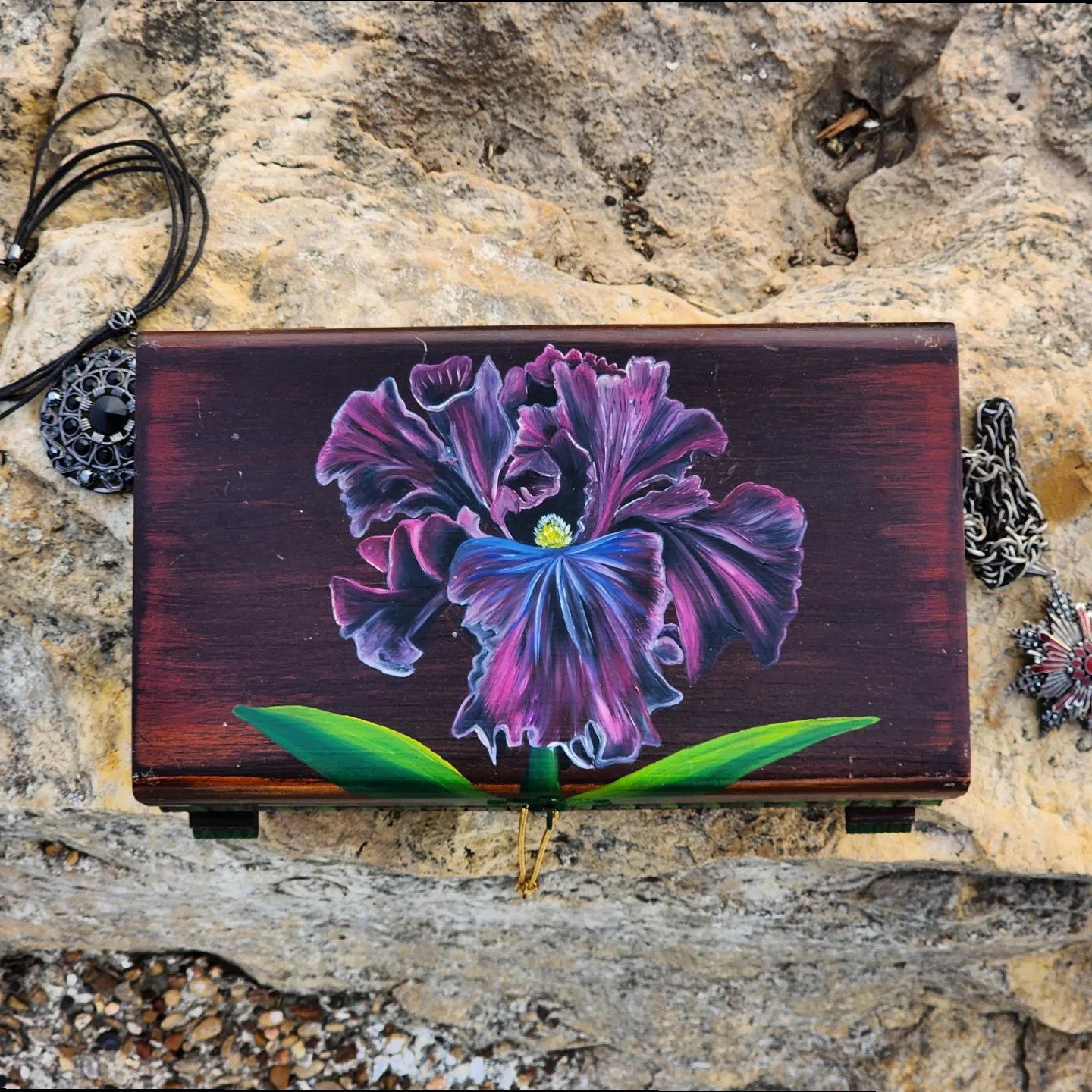 Beautiful handpainted antique wooden trinket box. This cute trinket box is an ideal gift for a special loved one. You can store jewelry such as rings, necklaces, bracelets, or anything you would like to keep in a particular place, especially in this elegant and artistic trinket box.
