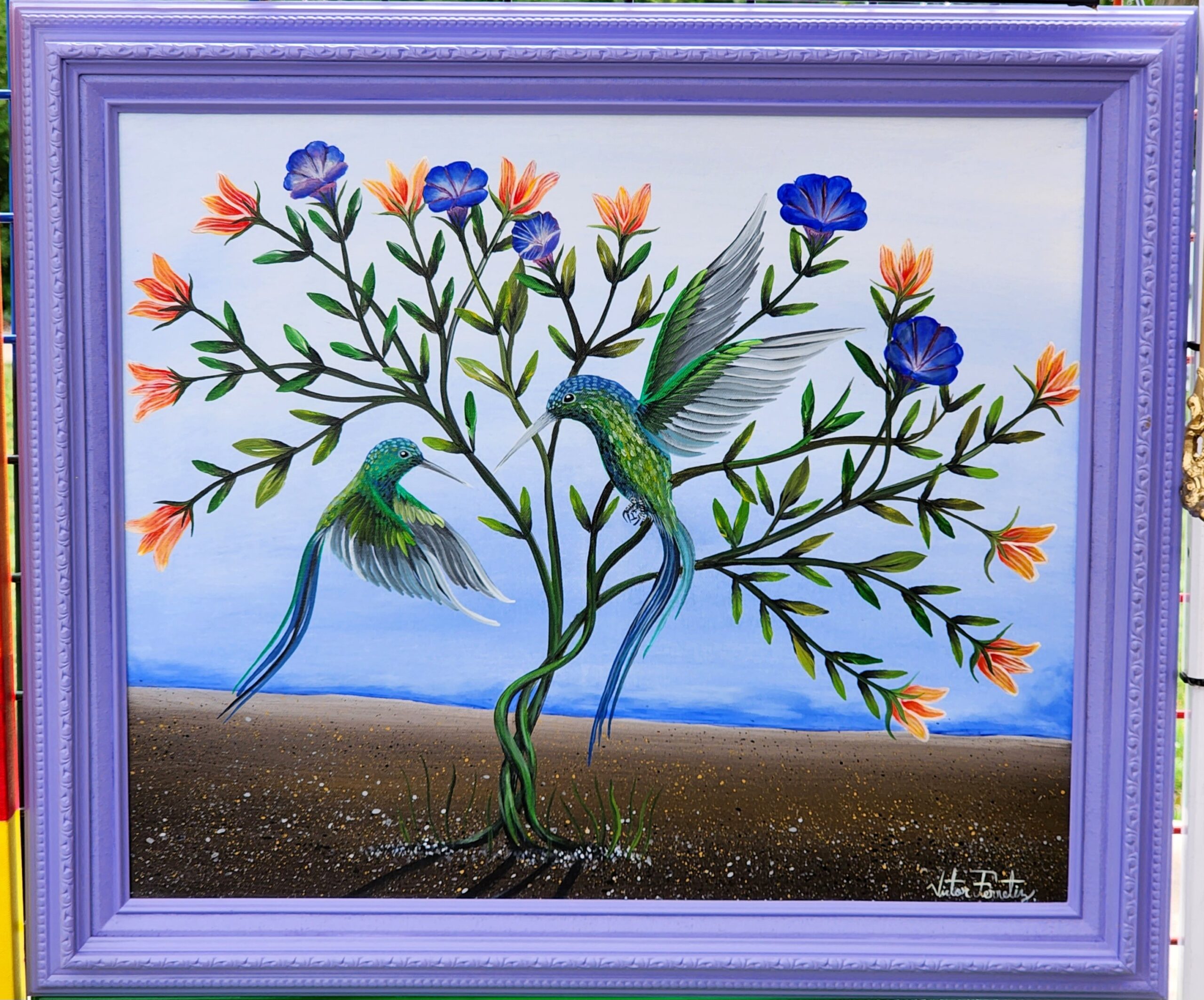 Long-tailed Sylph painting with morning glories. Painted wooden frame. Painting size: 20"x24"