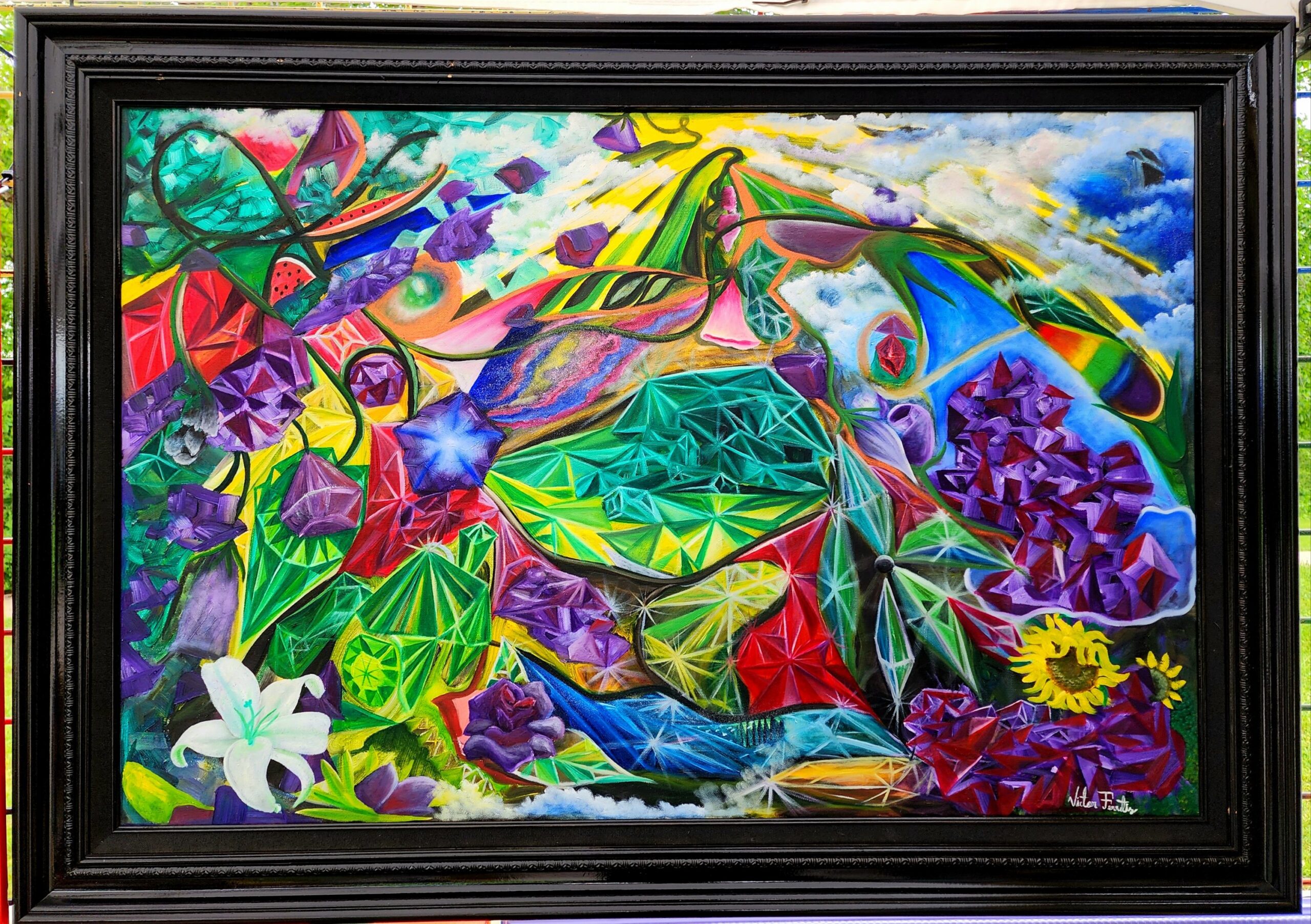 This painting comes with an antique wooden frame, so this might have minor scratches due to age. This beautiful original artwork depicts the beauty of quartz, flowers, and other mystical phenomena of the natural universe.