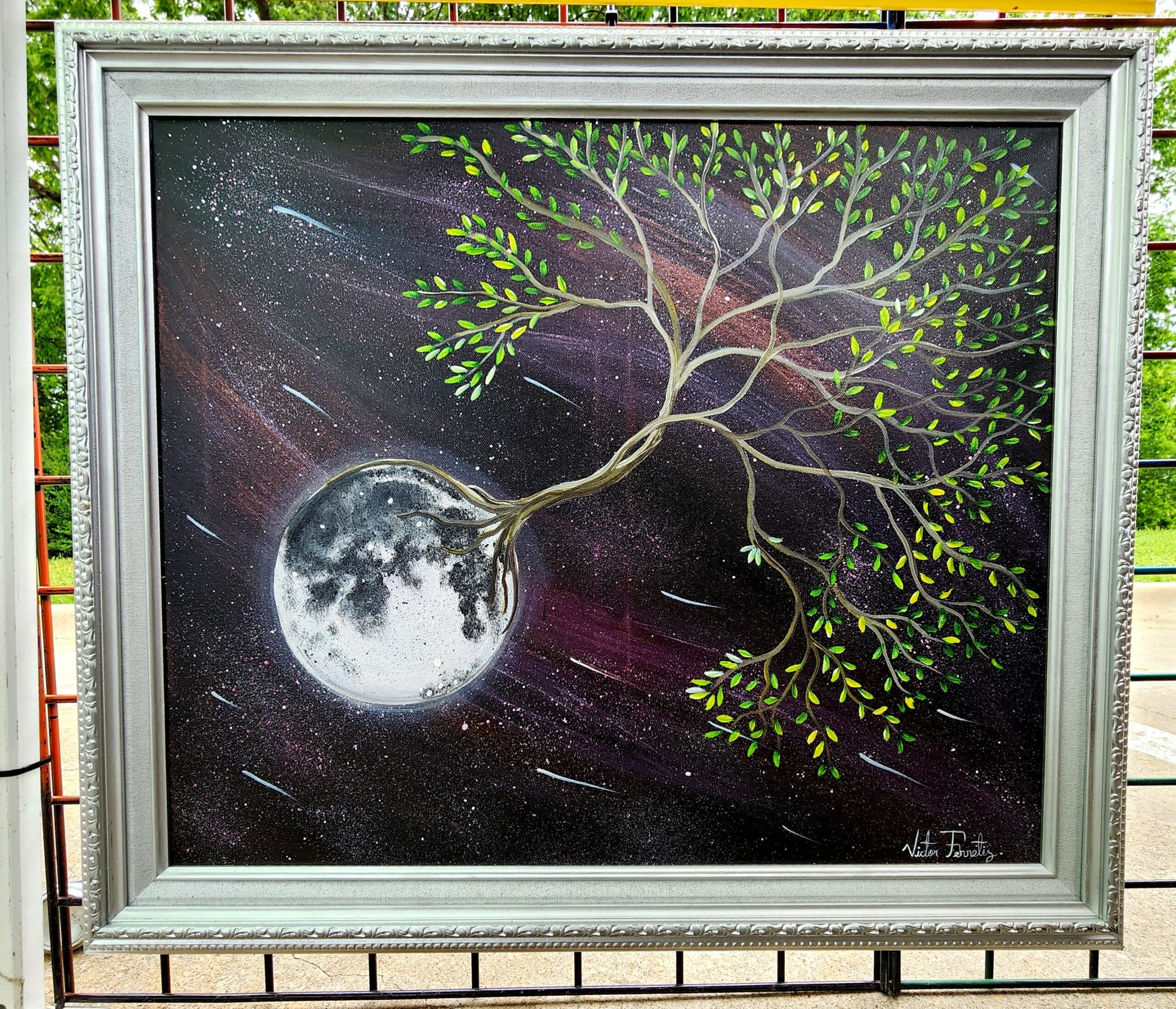 This is a magical and surrealistic depiction of the moon and a tree suspended in the universe without the disruption of humans. Painted wooden frame.
Painting size: 20"x24"