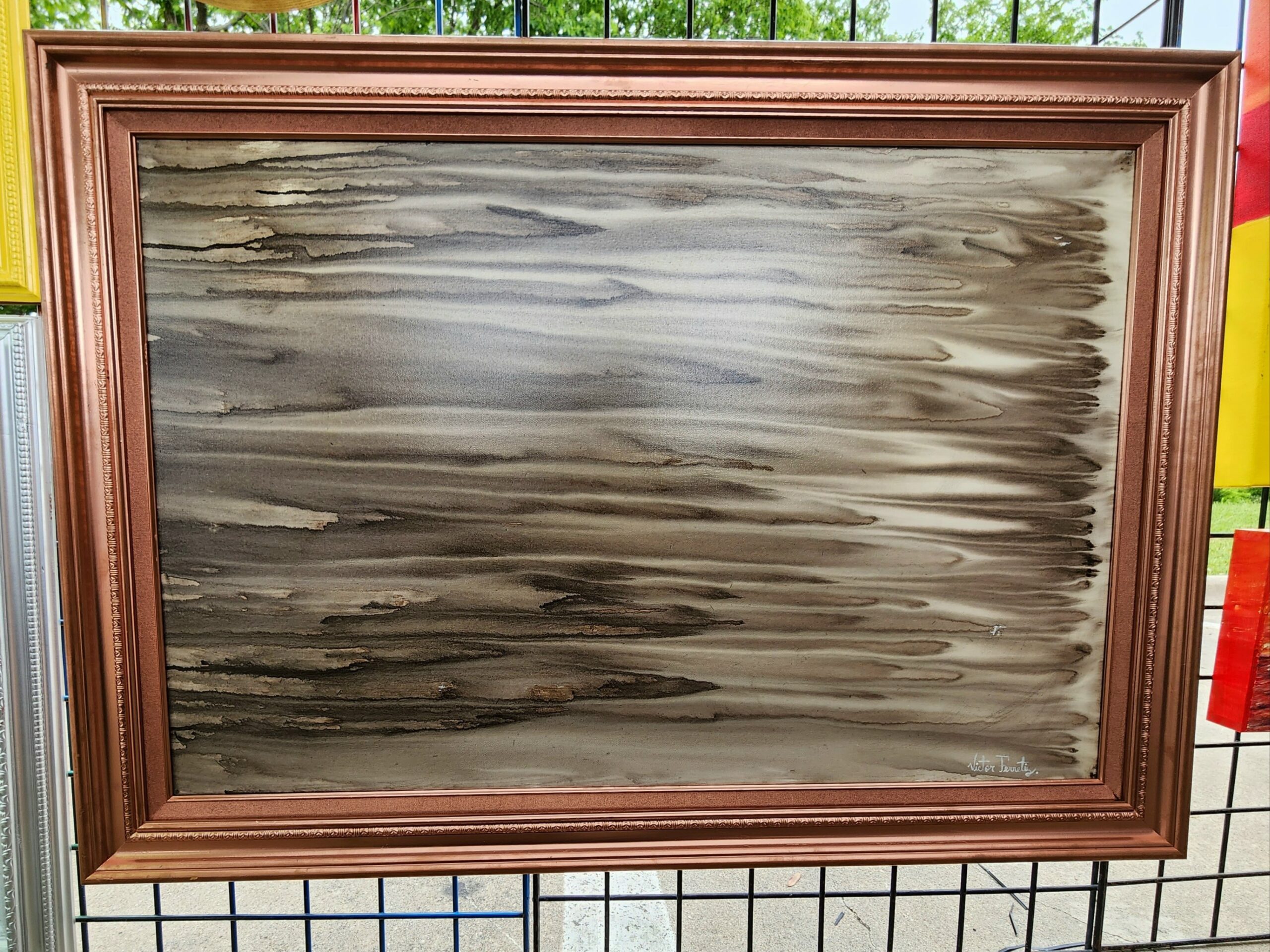 Abstract painting of illusions of brown hues and calming depictions of air, tree bark, and sand at the same time. Painted wooden frame.
Painting size: 24"x36"