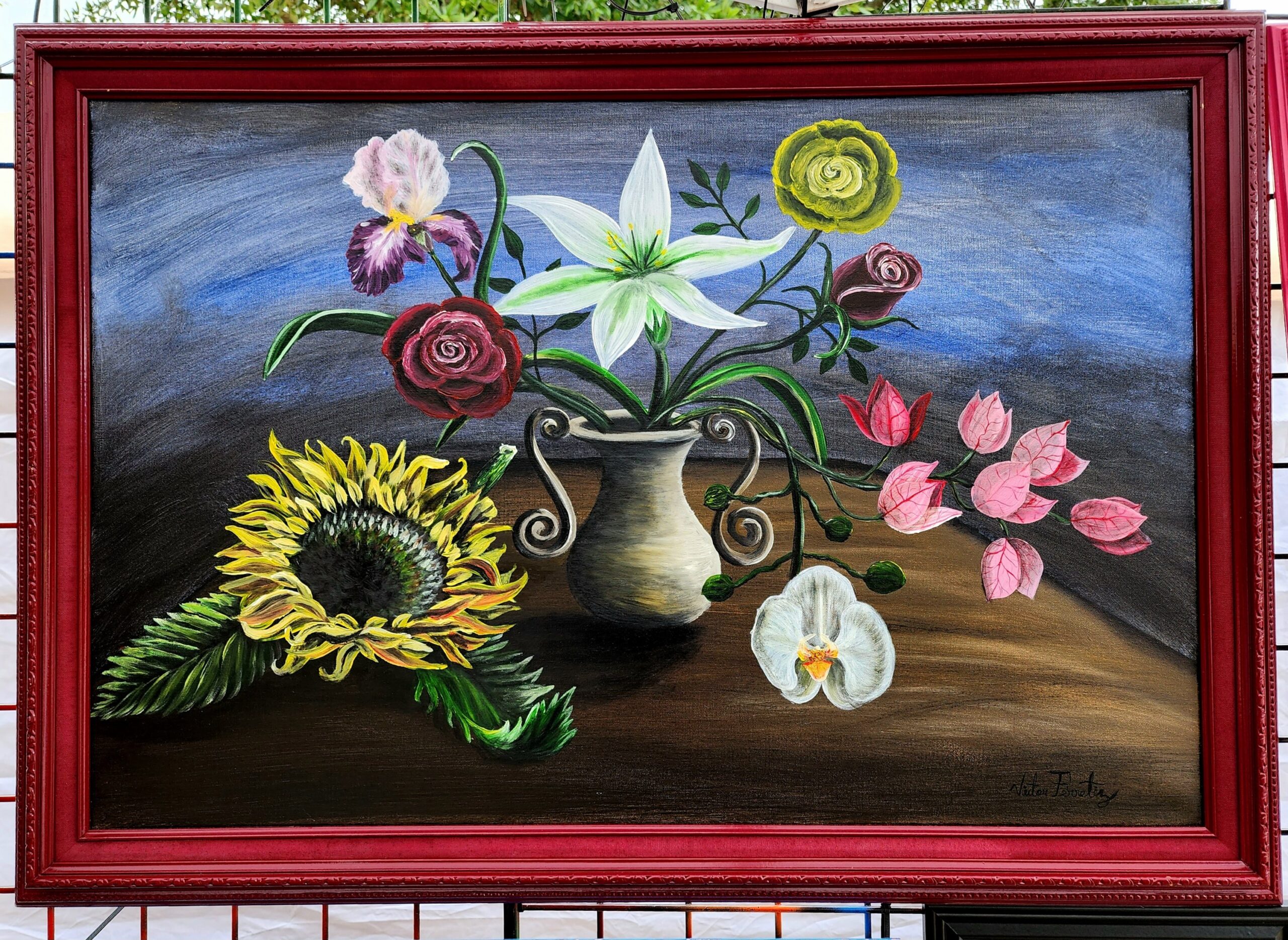 This painting was a creation of my imagination, for example the position, the form, the texture, and the color of the flowers were not traced to start with the process. Painted wooden frame. Painting size: 24"x36"