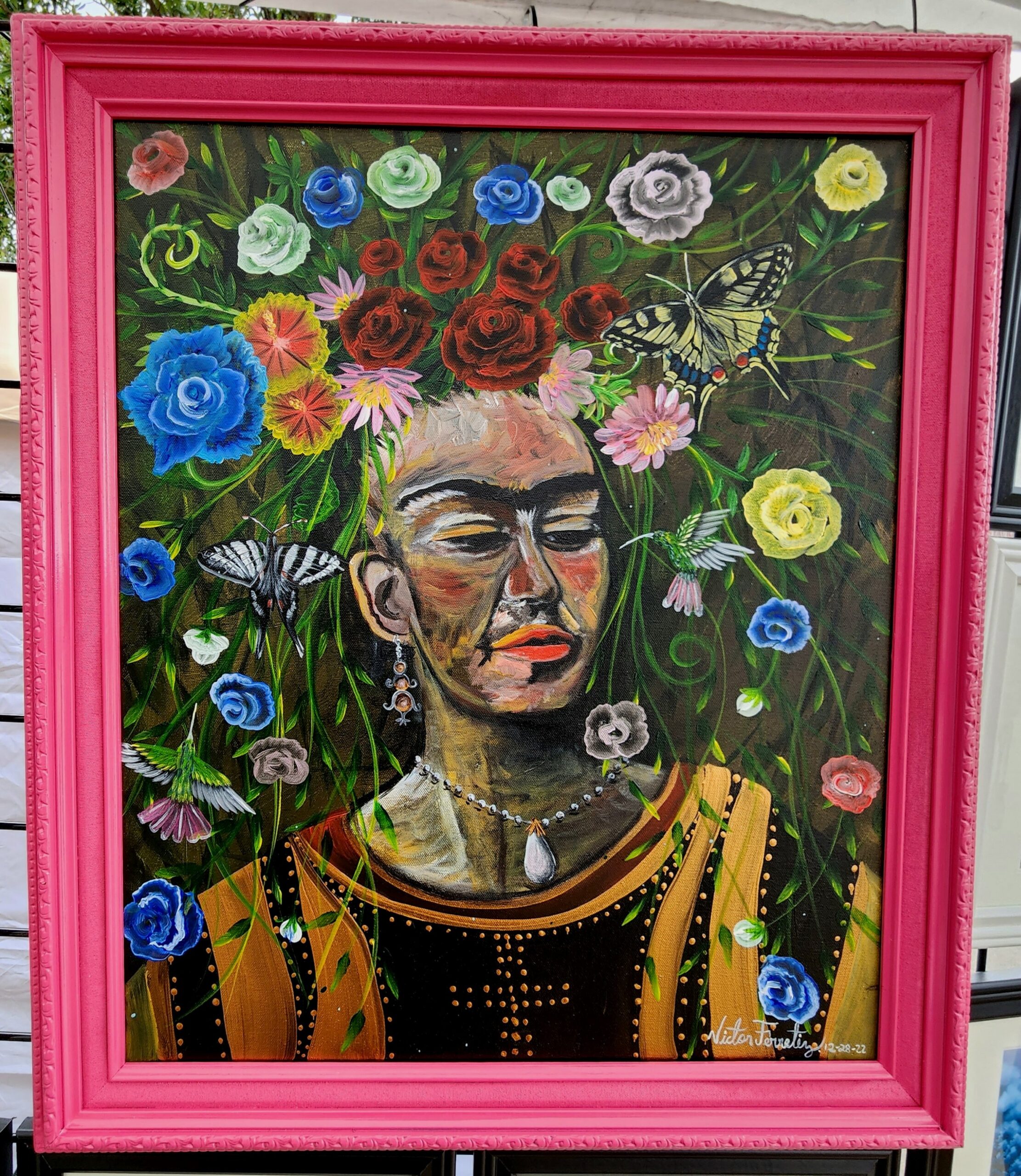 Abstract painting of the famous Mexican artist Frida Kahlo. Painted wooden frame. Painting size: 20"x24"