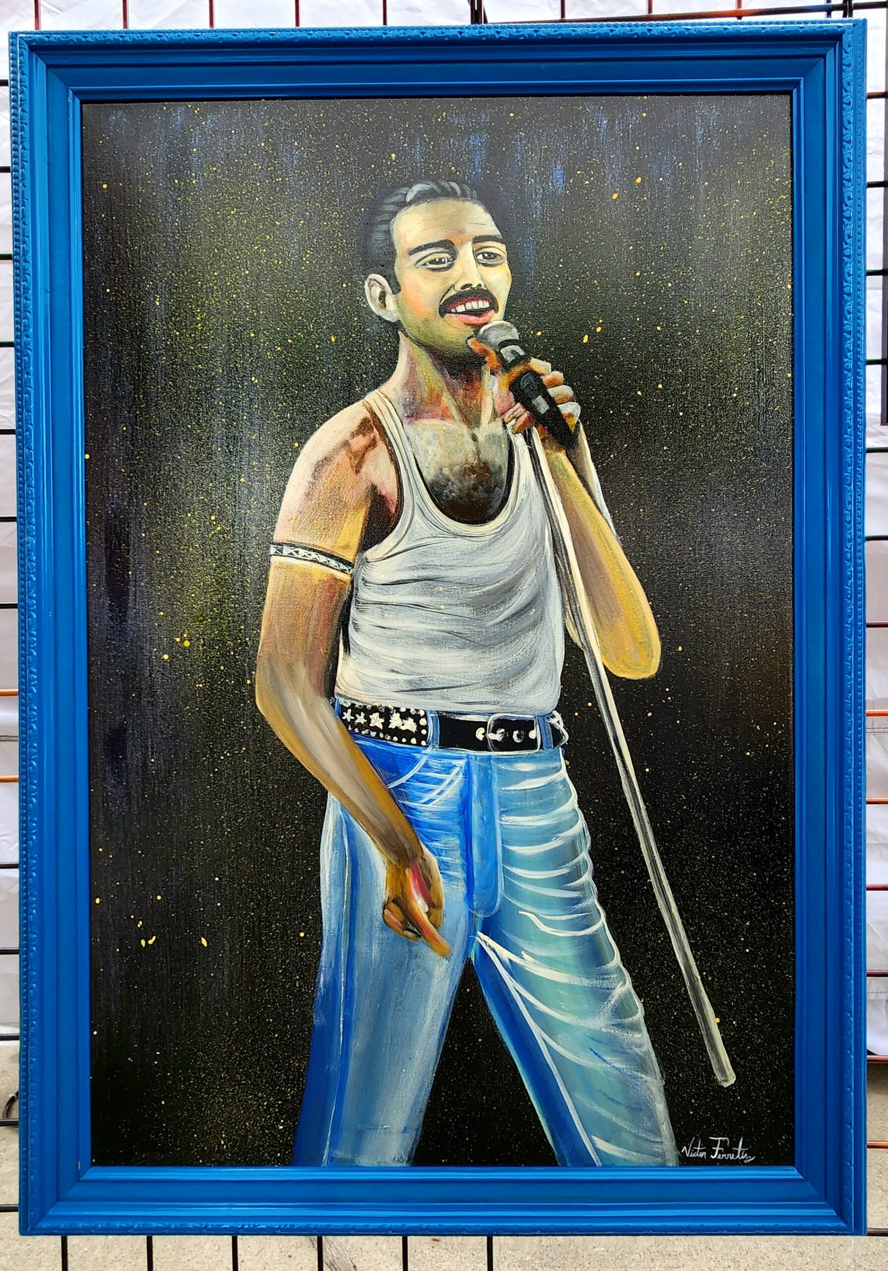 Surrealistic portrait of Freddie Mercury in acrylic paint on canvas. Painted wooden frame.
Painting size: 24"x36"