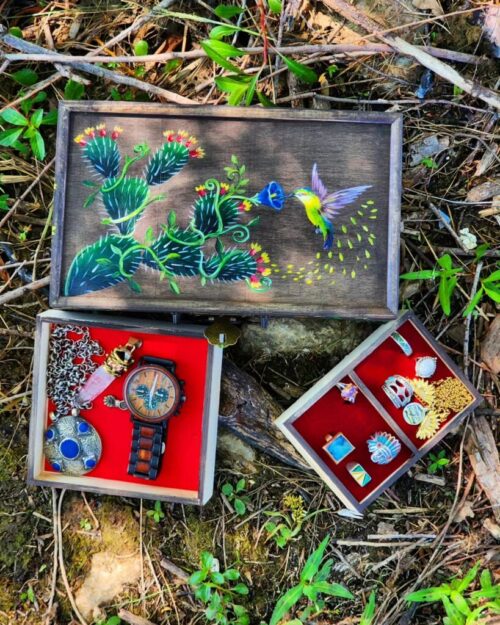 Cactus & Yellow Hummingbird | Handpainted Wooden Jewelry Box.