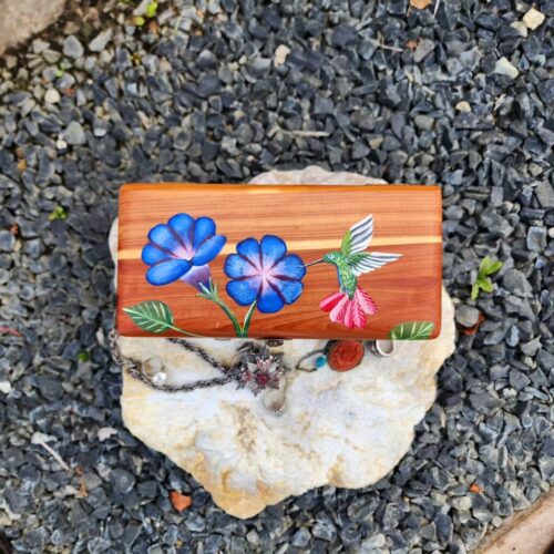 Hummingbird & Morning Glories | Cedar Wooden Jewelry Box