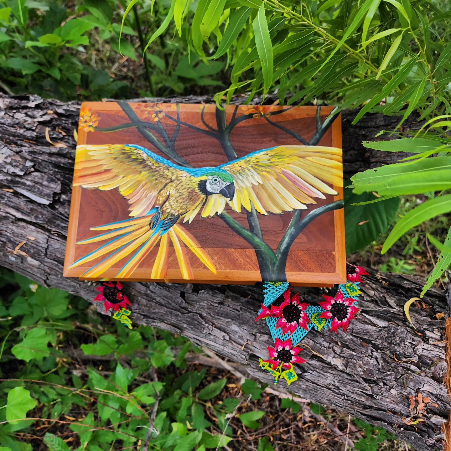 Handpainted Antique Wooden Jewelry Box with original design of a yellow macaw. Metal feet, and and nice chain to hold the lid. The perfect gift for a special loved one.