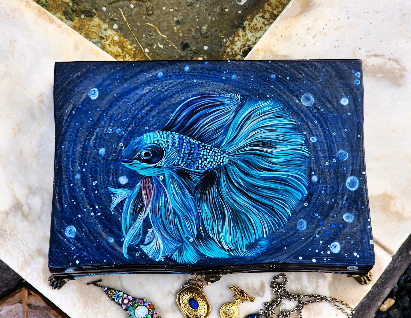 Handpainted Antique Wooden Jewelry Box with an original design of a betta fish. Metal feet and handle included.