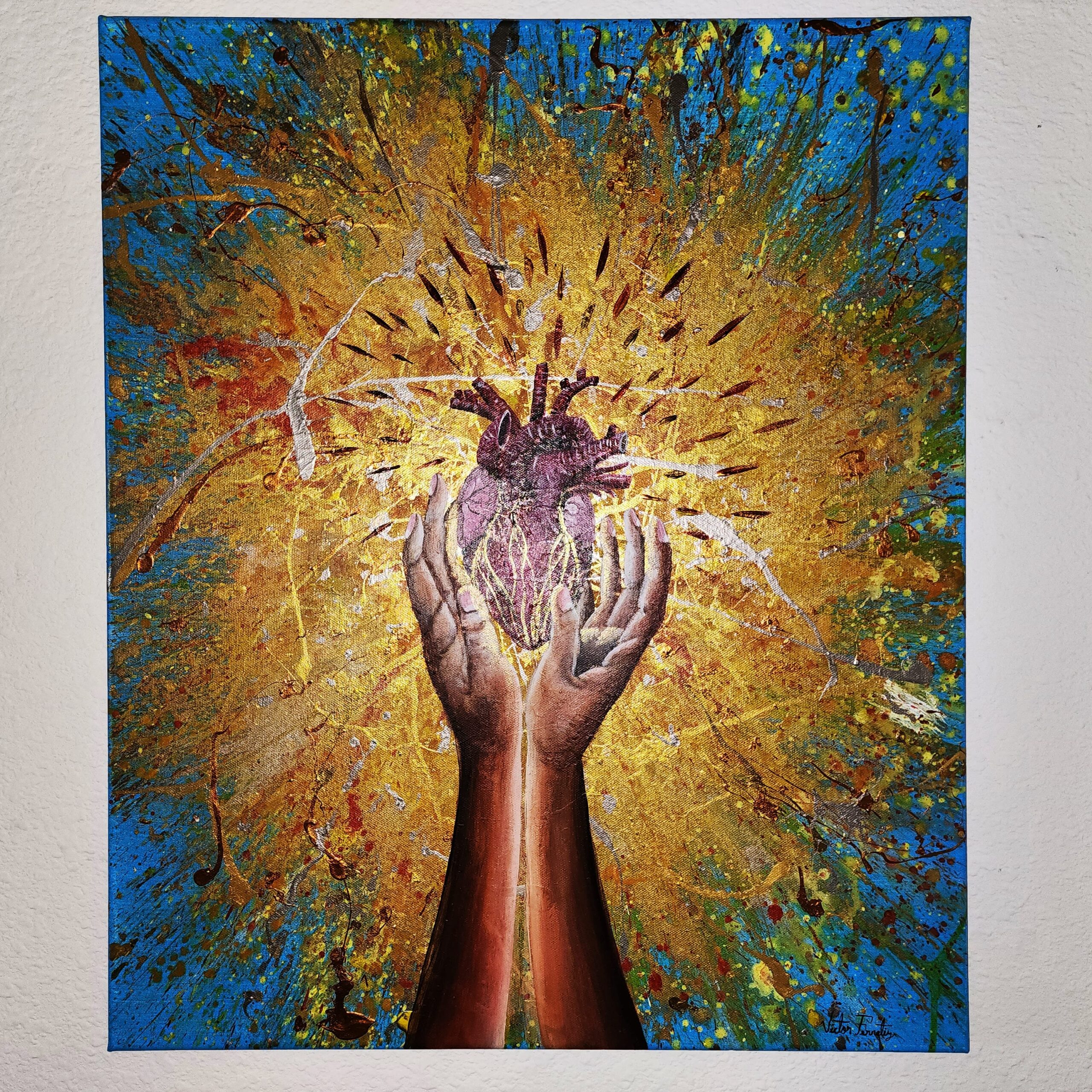 Original work of art of an explosive, passionate heart that reflects love, anguis, and deception. At the same time, this painting brings power and resistance to those who see it and to those who identify themselves to powerful feelings that make us feel with mixed emotions.