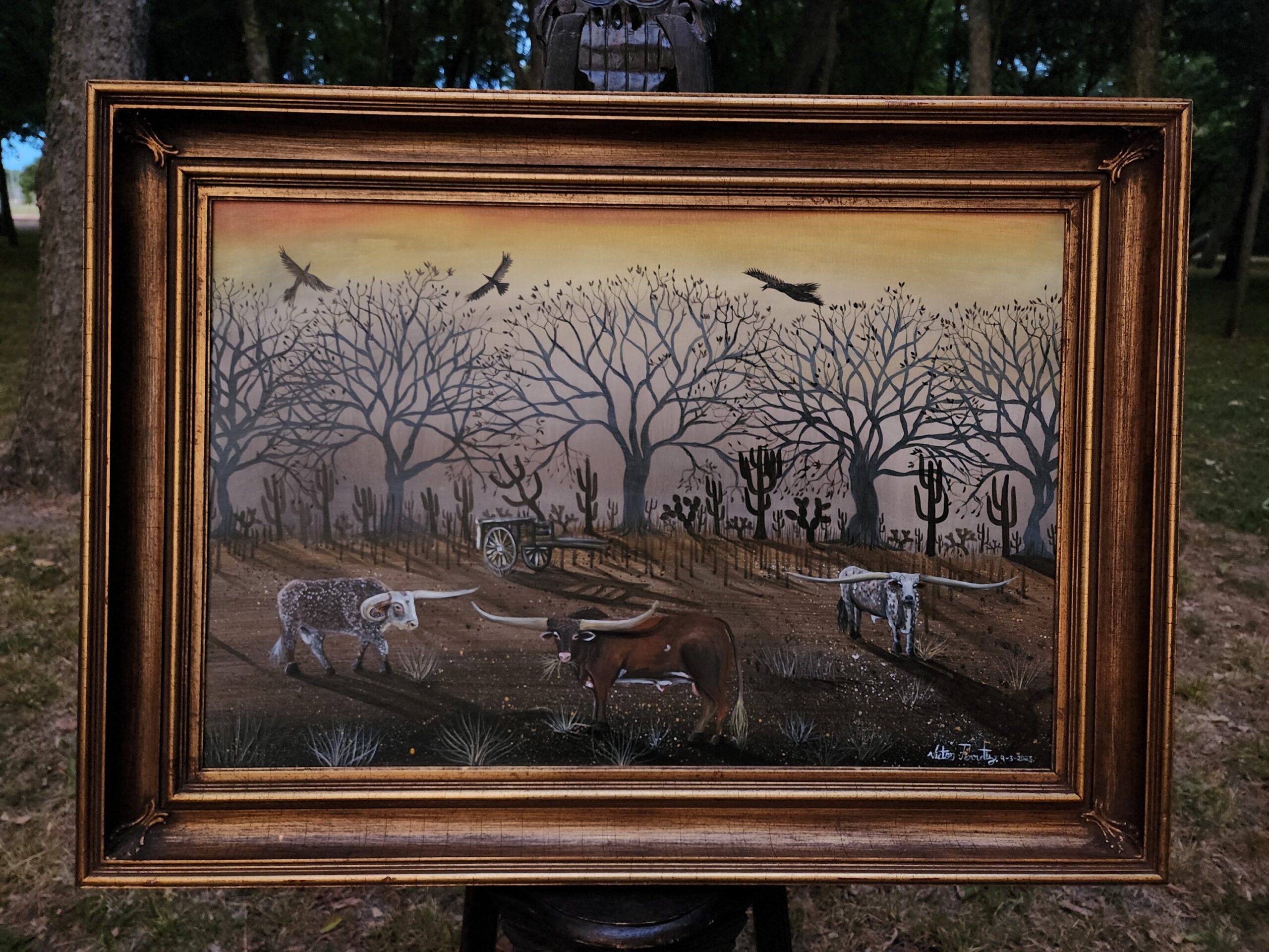 Original painting of Texas Longhorn bulls in a fall season scene. This painting was inspired in the Texas landscapes in the autumn. The depiction of cacti and tall oak trees make the painting come alive with the vibes west Texas.