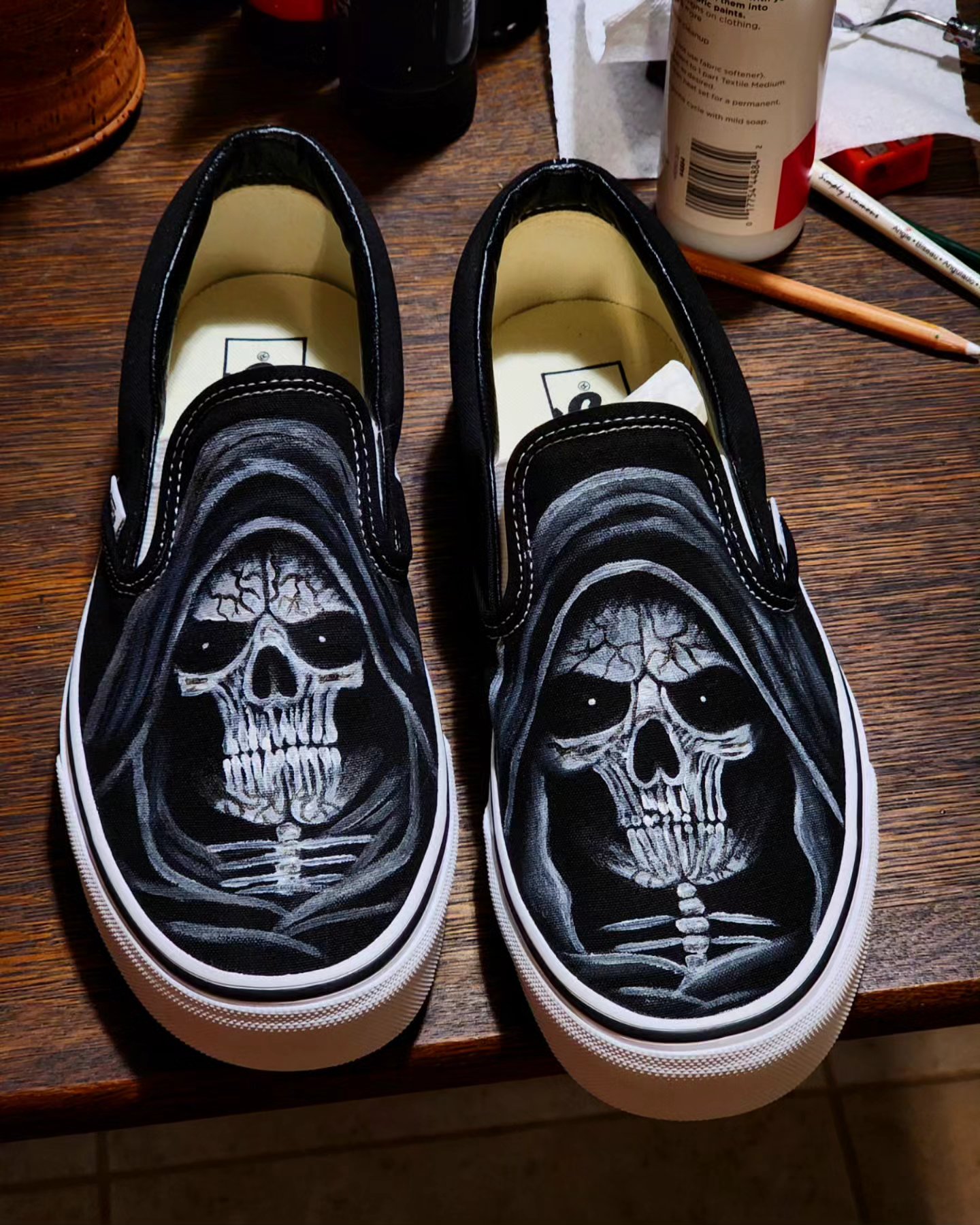 Handpainted brand new Vans Shoes with grim reaper design. Size: 9.5 US men’s. Size: 11 US women's