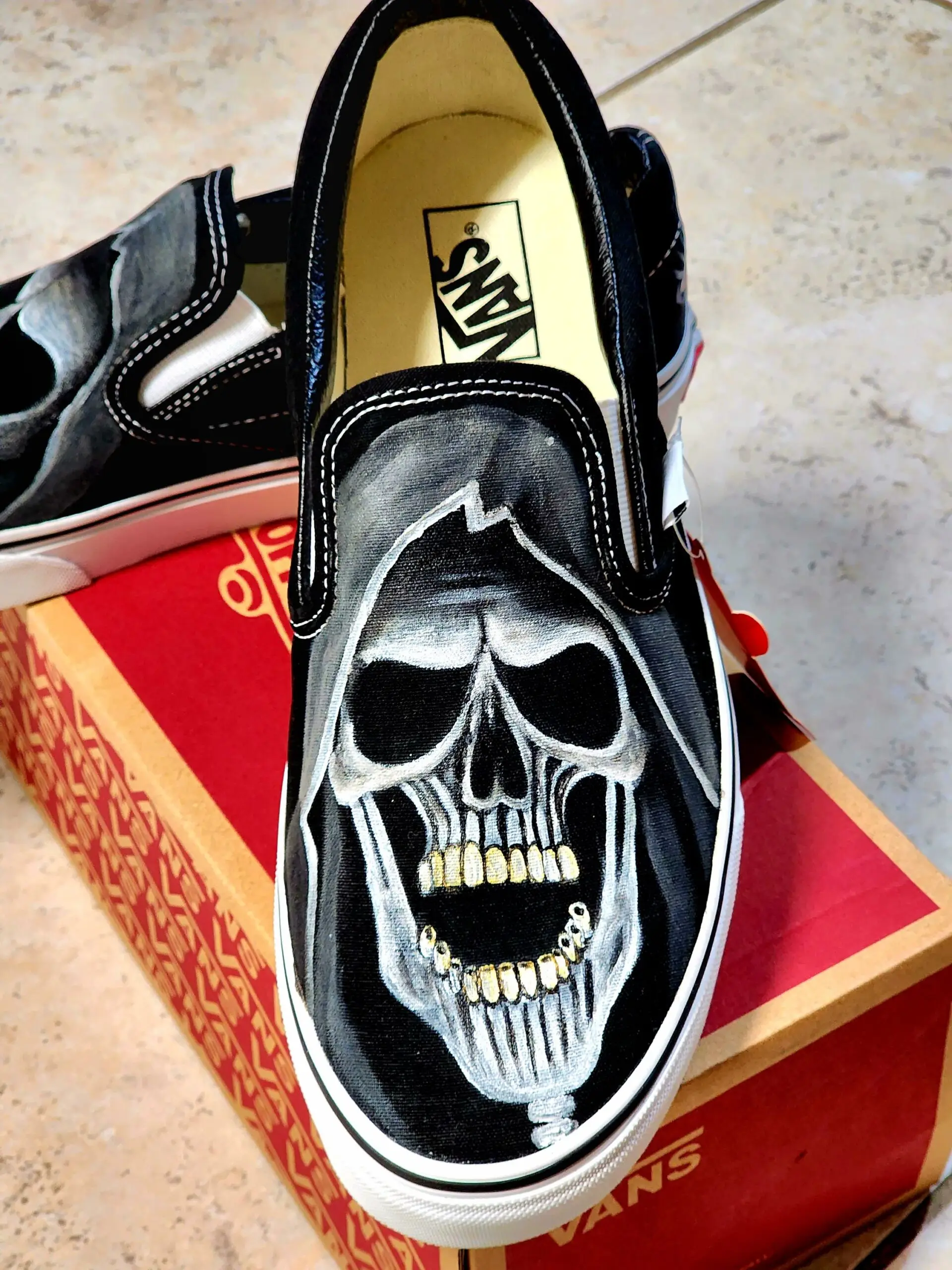 Handpainted vans with the design of a grim reaper. Textile paint. Washer and dryer safe. Size: 11 US Men