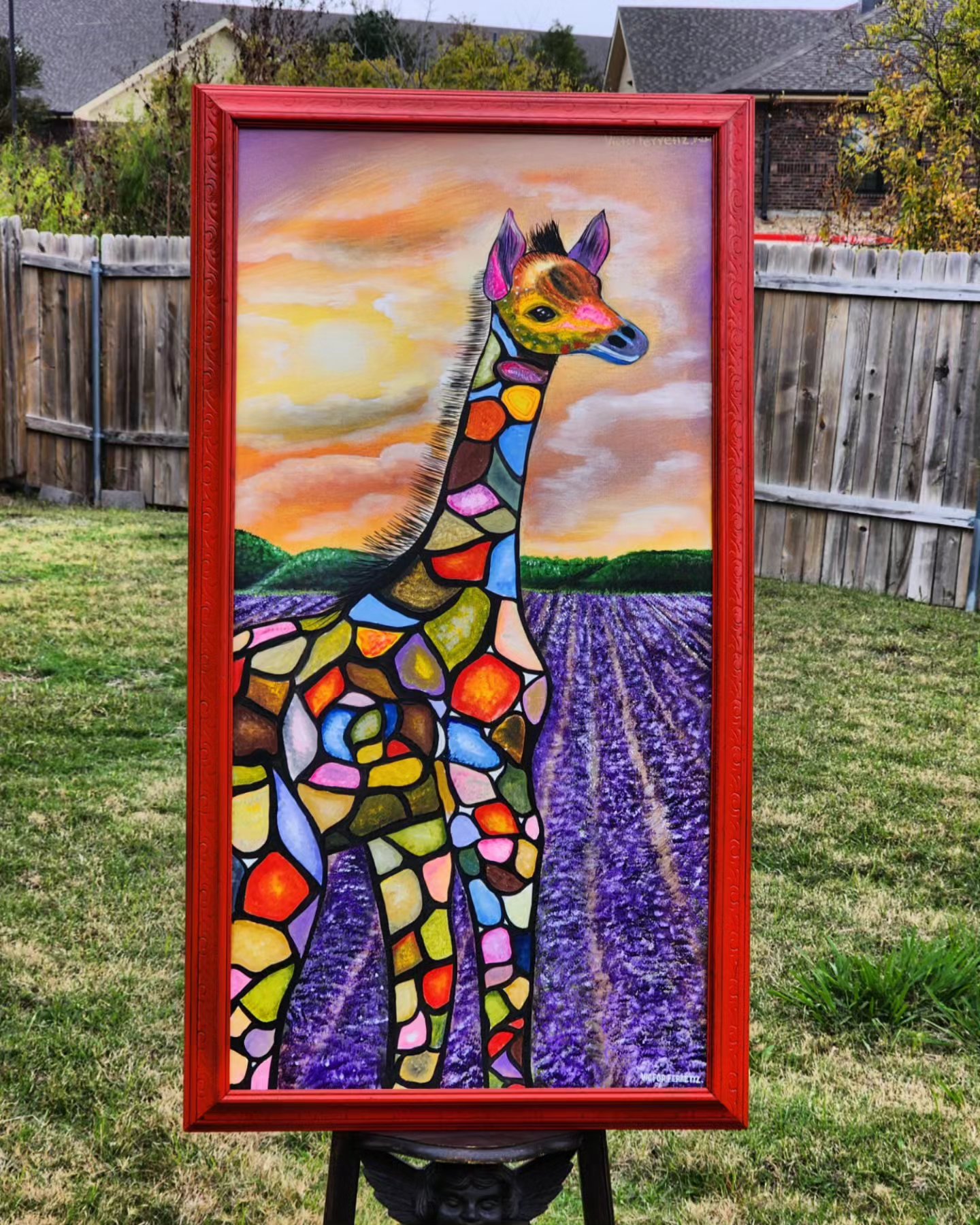 This painting comes with an antique frame, which might have minor scratches. This original work of art of the giraffe is composed of a very colorful abstract style as if it were the appearance of a stained glass window. This work of art aims to fill those eyes with joy and to enliven great happiness while people enjoy their contemplation of the painting.