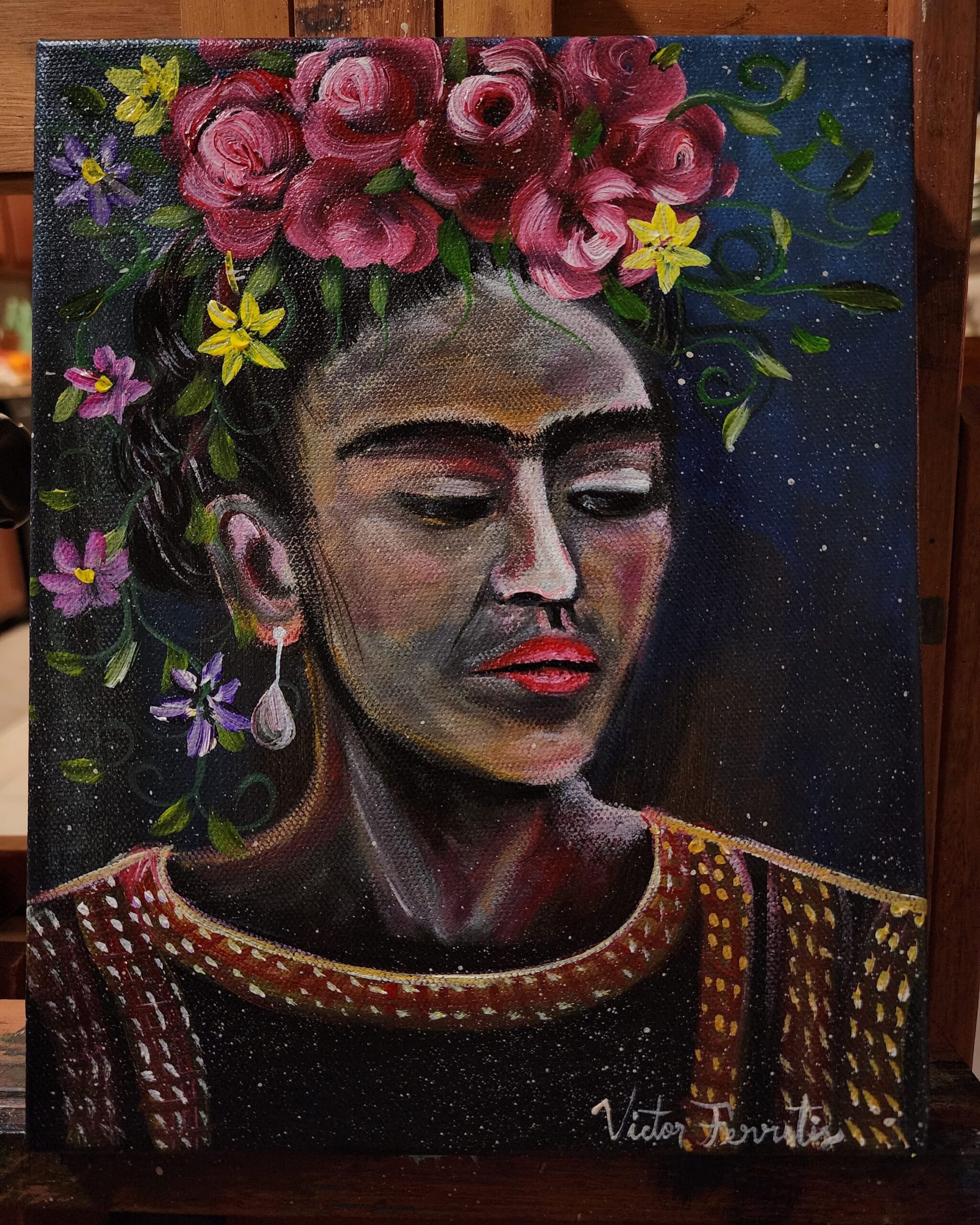 Semi-Abstract depiction of the eminent Mexican artist, Frida Kahlo. Acrylic on gallery canvas. Size: 8x10x1.5 inches.