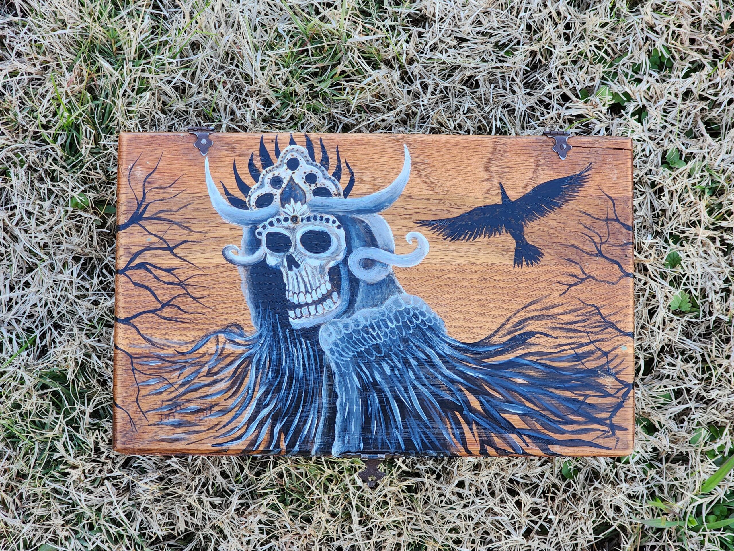 Repurposed antique wooden jewelry box. Handpainted design of a grim reapera and ravens.