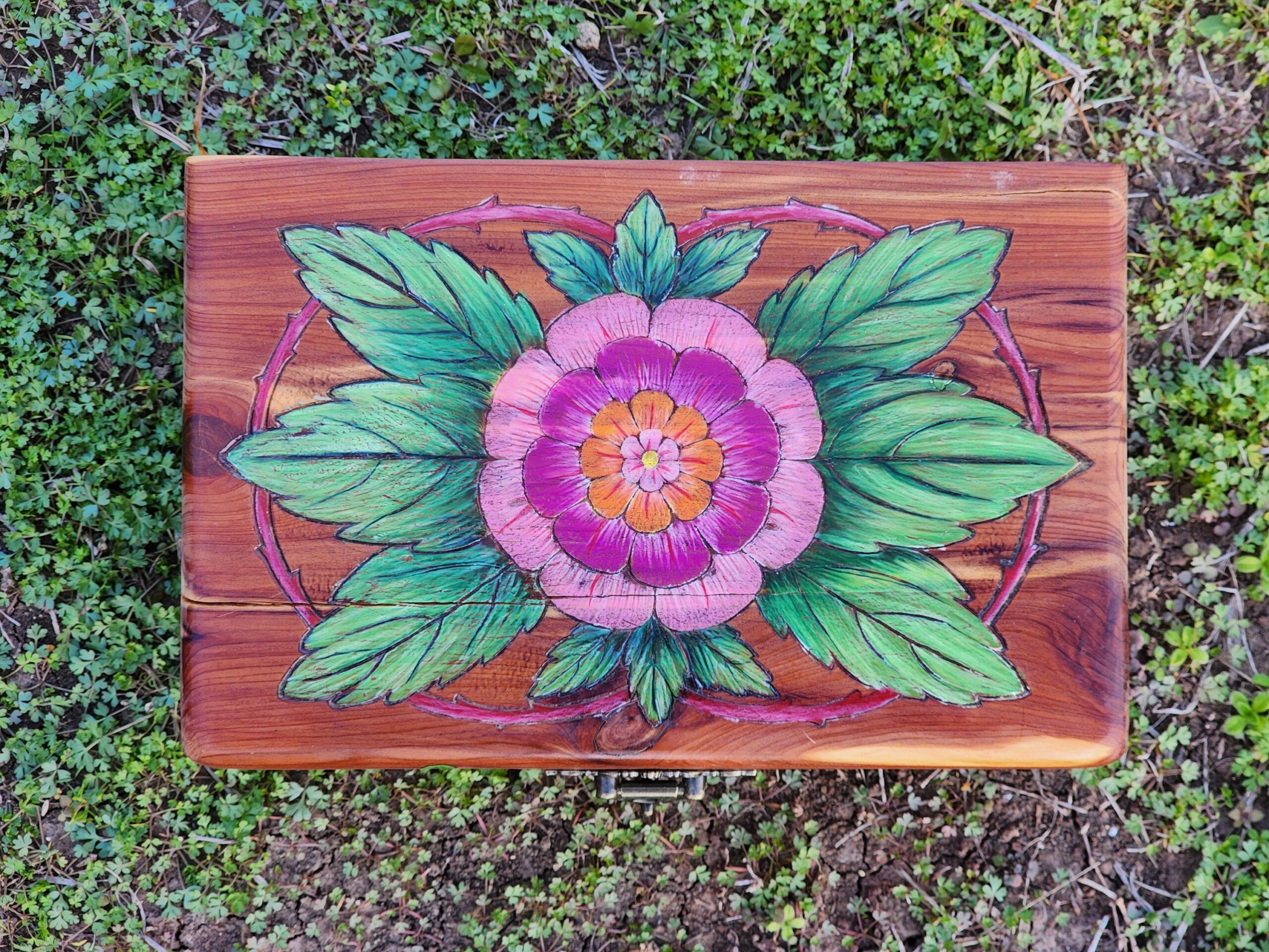 Repurposed antique wooden jewelry box. Handpainted design of a peony. Antique bronze plated clasps.