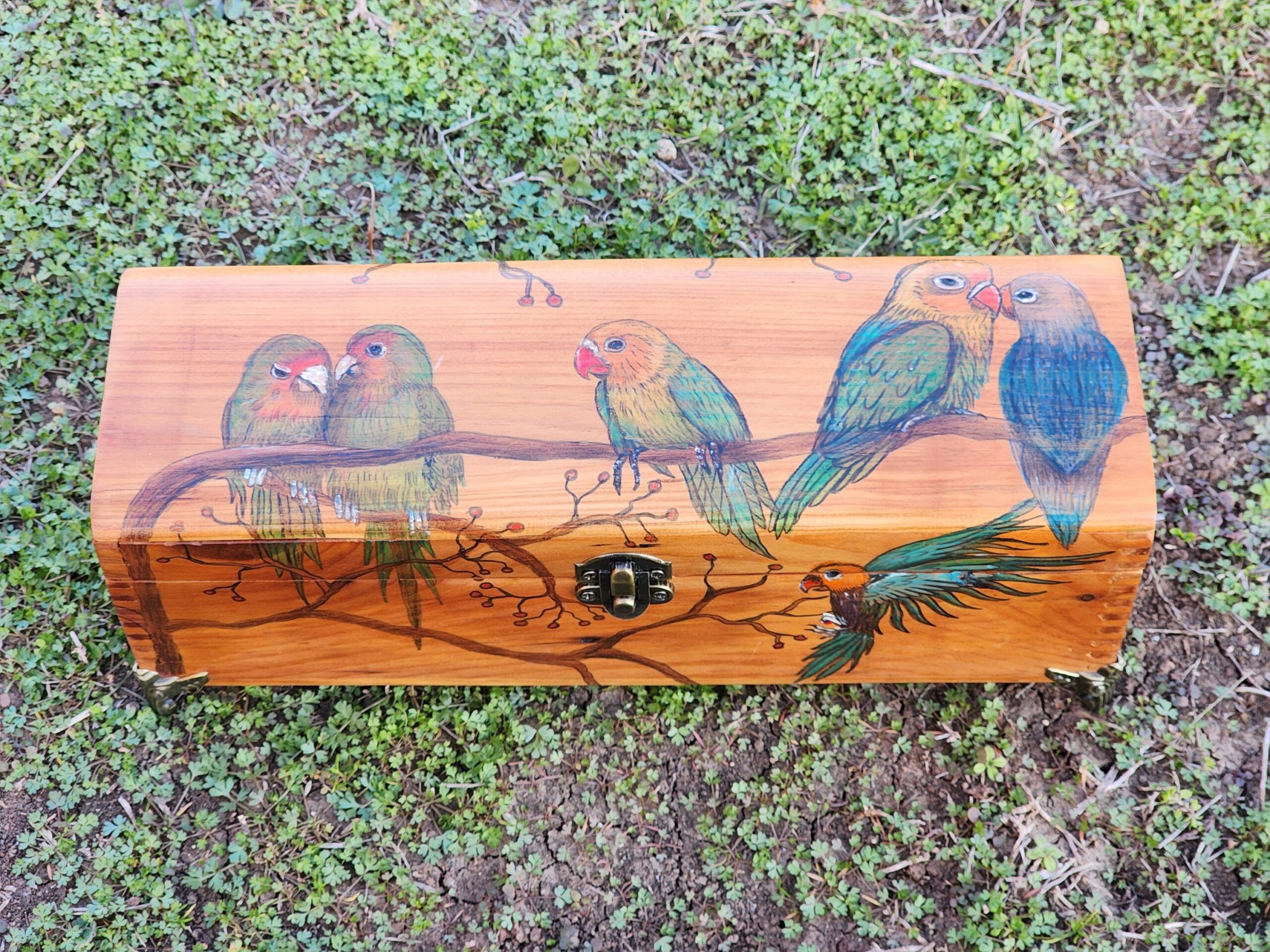 Antique cedar wood box. Love birds' design.