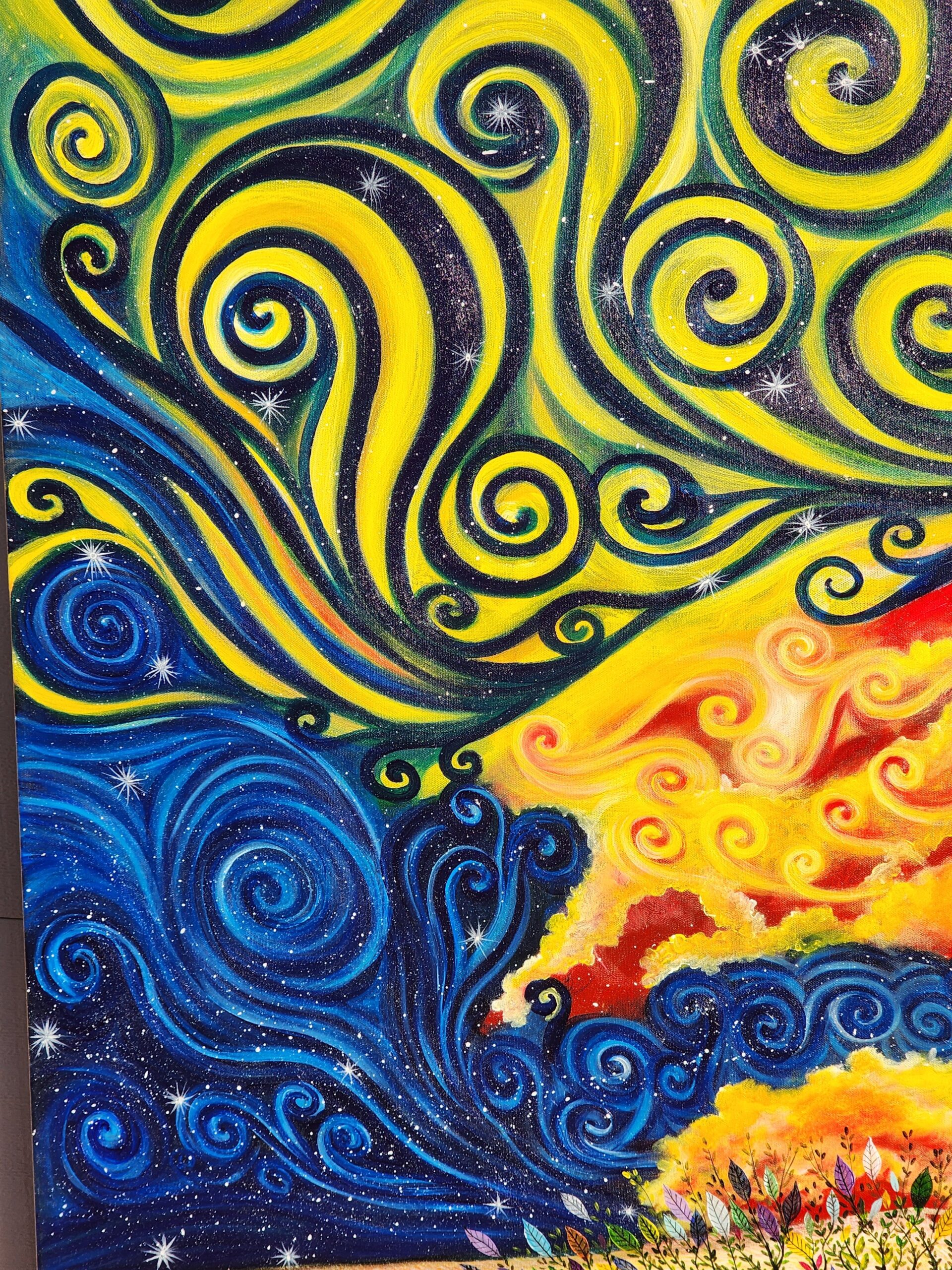 This painting represents the movement of the wind. Every time I see the sky, I see many different shapes of the clouds, which inspired me to paint them in many colors. The wind hits my face, and then it makes me want to  paint it in a very surrealist style. And then at night, I see the stars far away fading almost forming a long cloud, the galaxy. I love seeing how the wind bends the grass, kissing the ground and the tree of life, dancing with the rhythm of the wind.